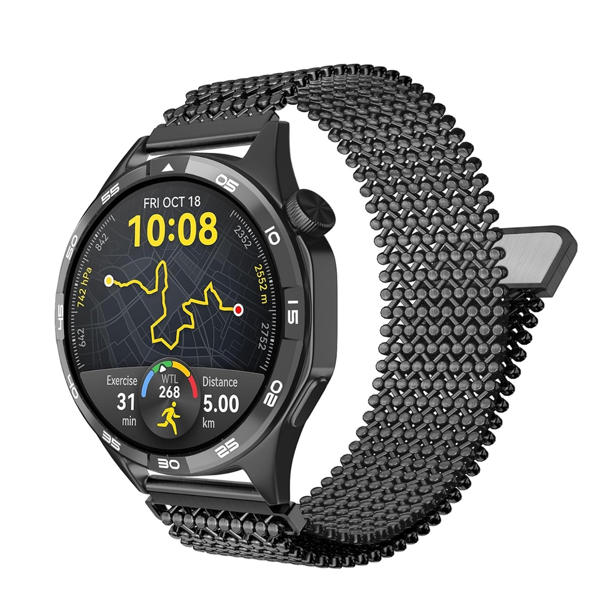 Schwarze Smartwatch zeigt Zeit 10:08, Datum, Karte, Trainingsdaten und Distanz.