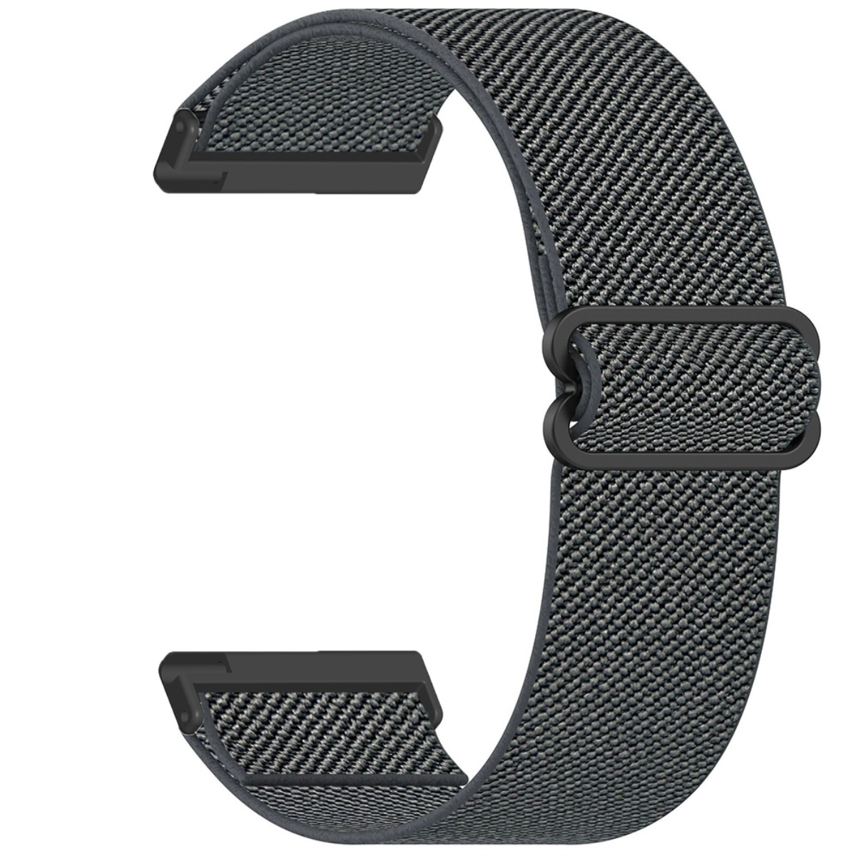Cinturino per orologio in tessuto grigio con connettori e fibbia neri.