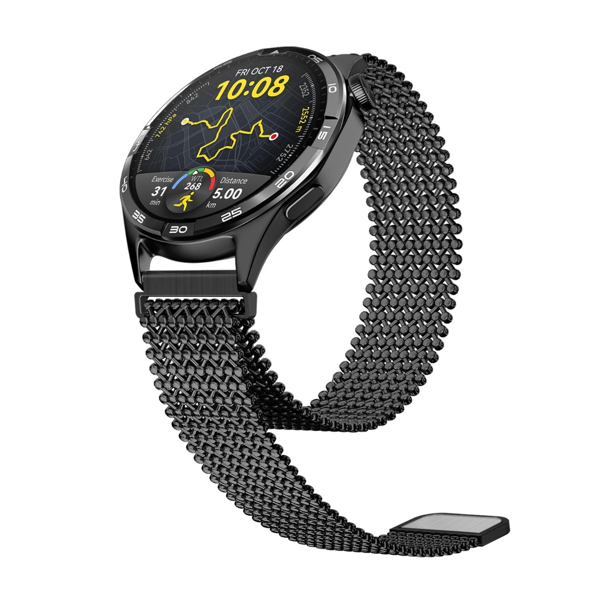 Schwarze Smartwatch mit Milanaise-Armband und detailliertem Zifferblatt.