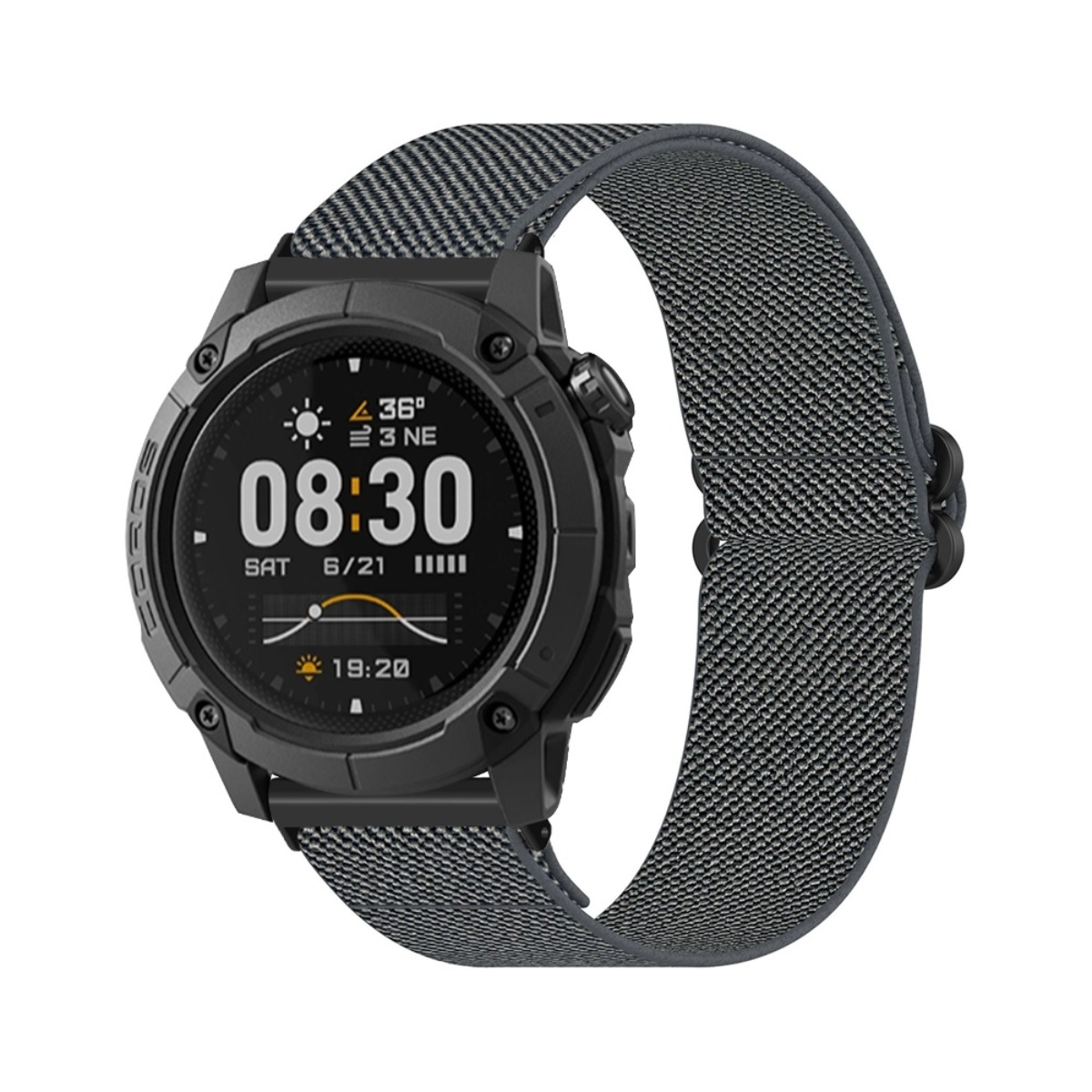 Smartwatch grigio con cinturino in tessuto, mostra 08:30 e dati meteo.