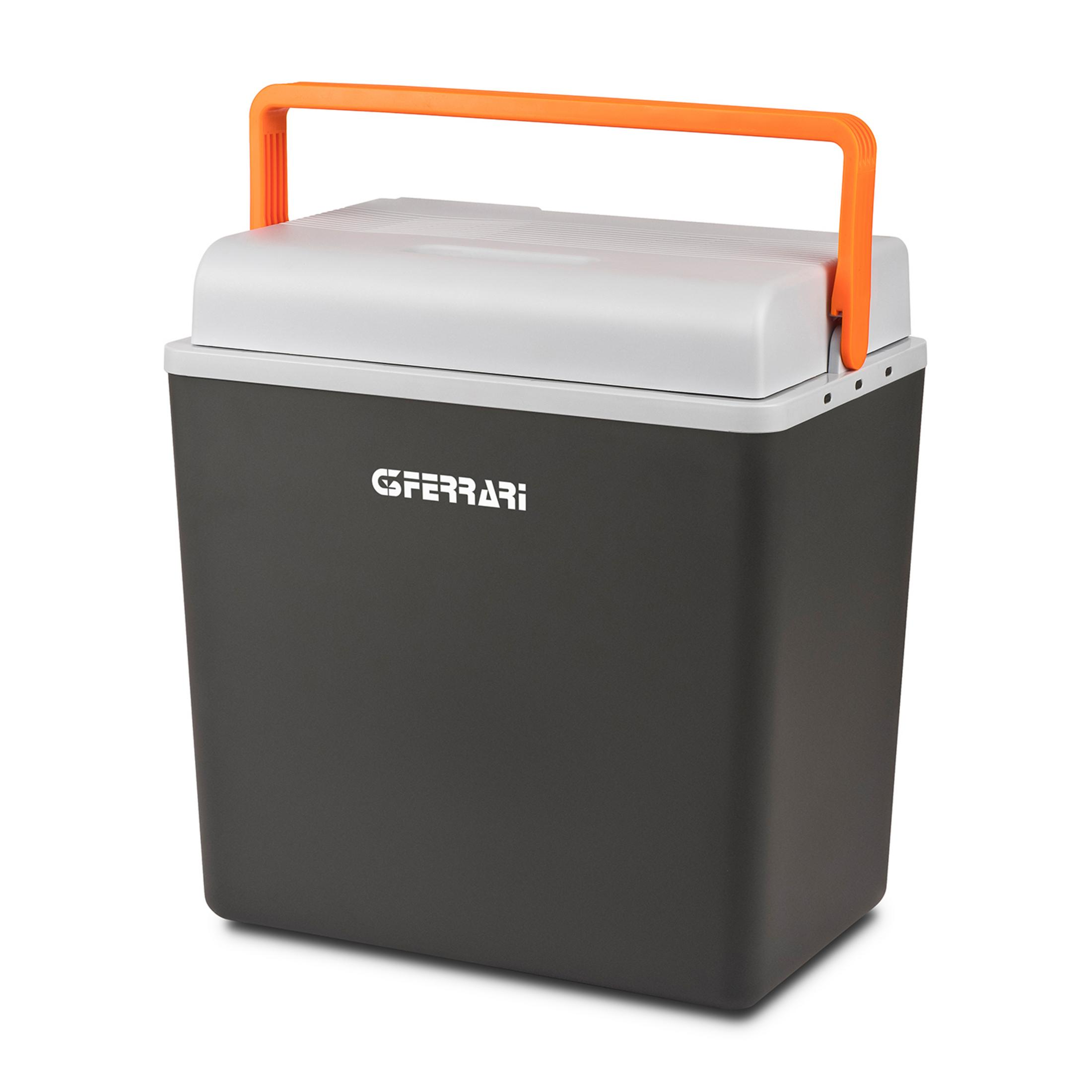 Een donkere koelbox met een wit deksel en oranje handvat.