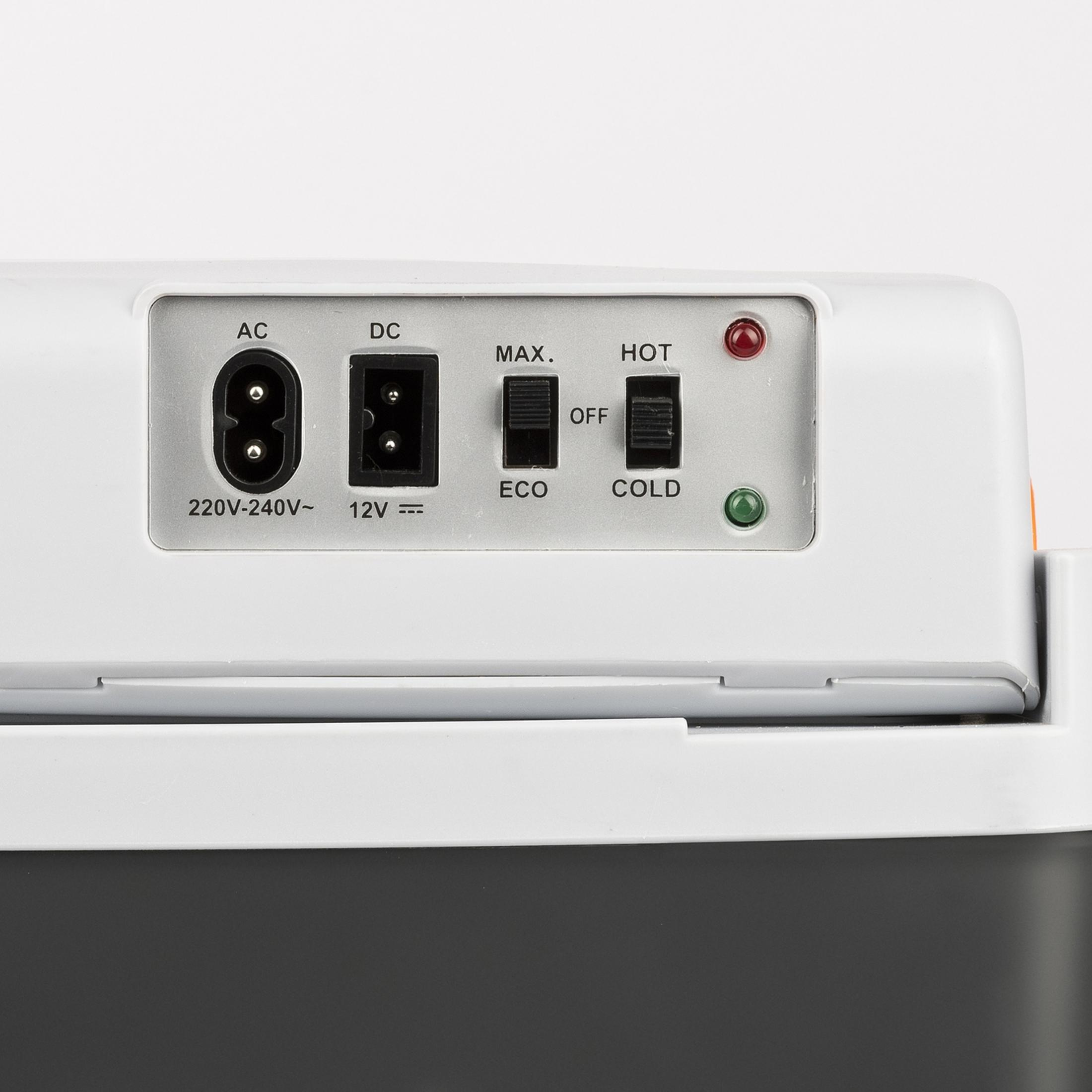 Control panel of a cooler/heater with AC, DC, Max, Off, Eco, Hot, Cold ports and switches.