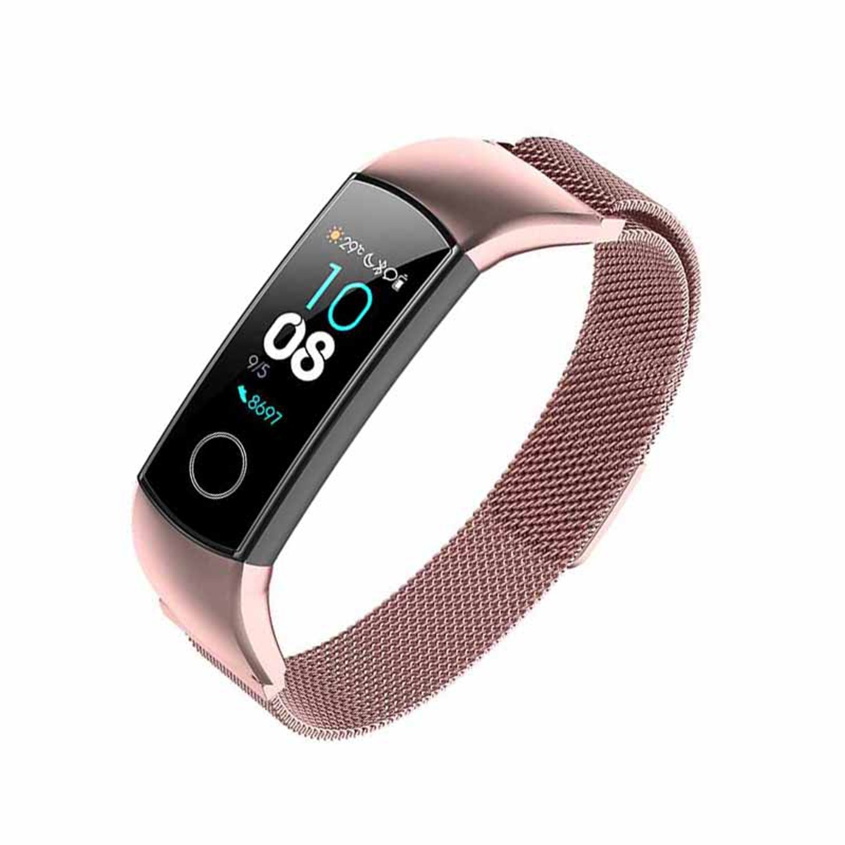 Rosafarbene Smartwatch mit Netzarmband, zeigt 10:08 Uhr, 29°C und Schritte an.