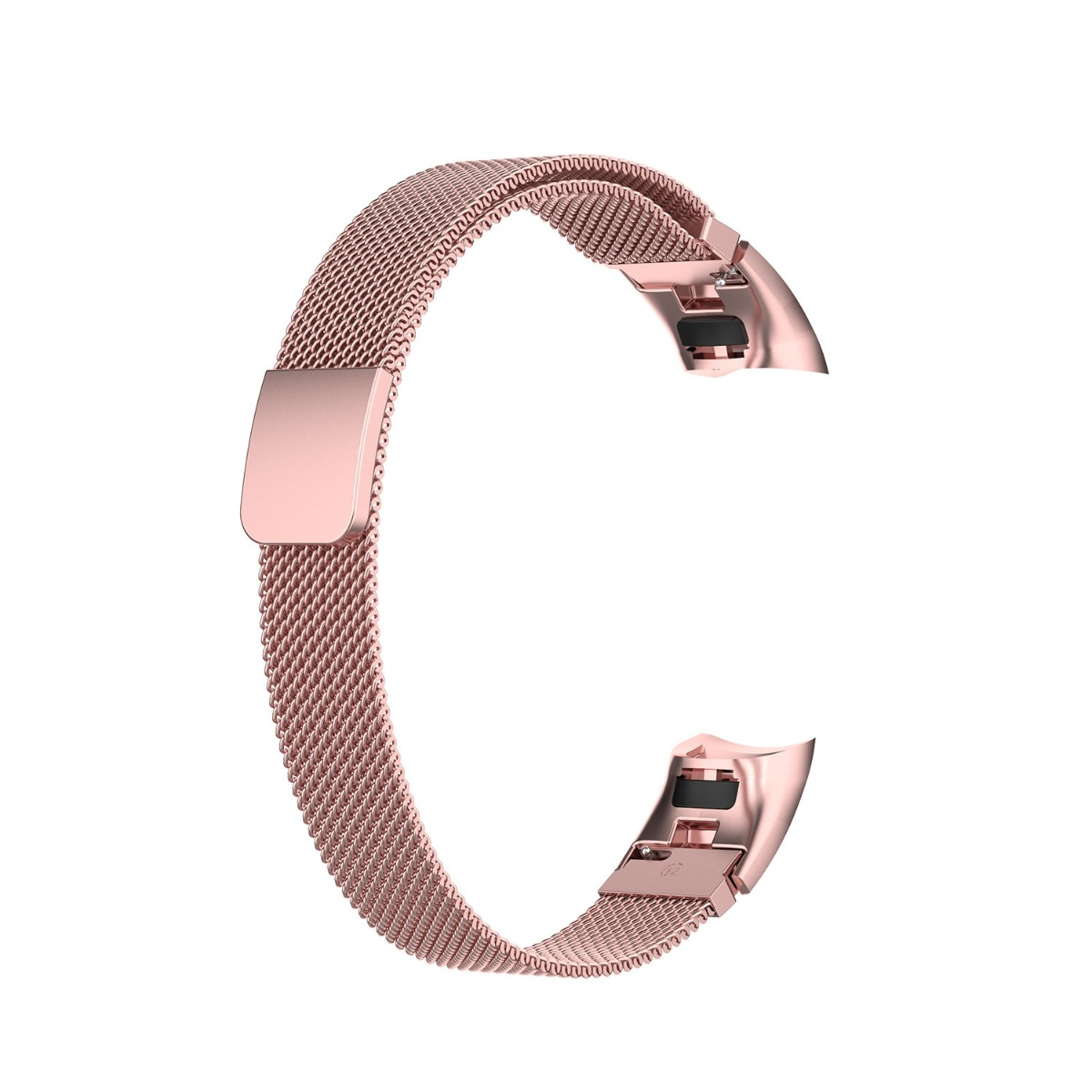 Ein roségoldenes Mesh-Armband für eine Smartwatch mit magnetischem Verschluss.