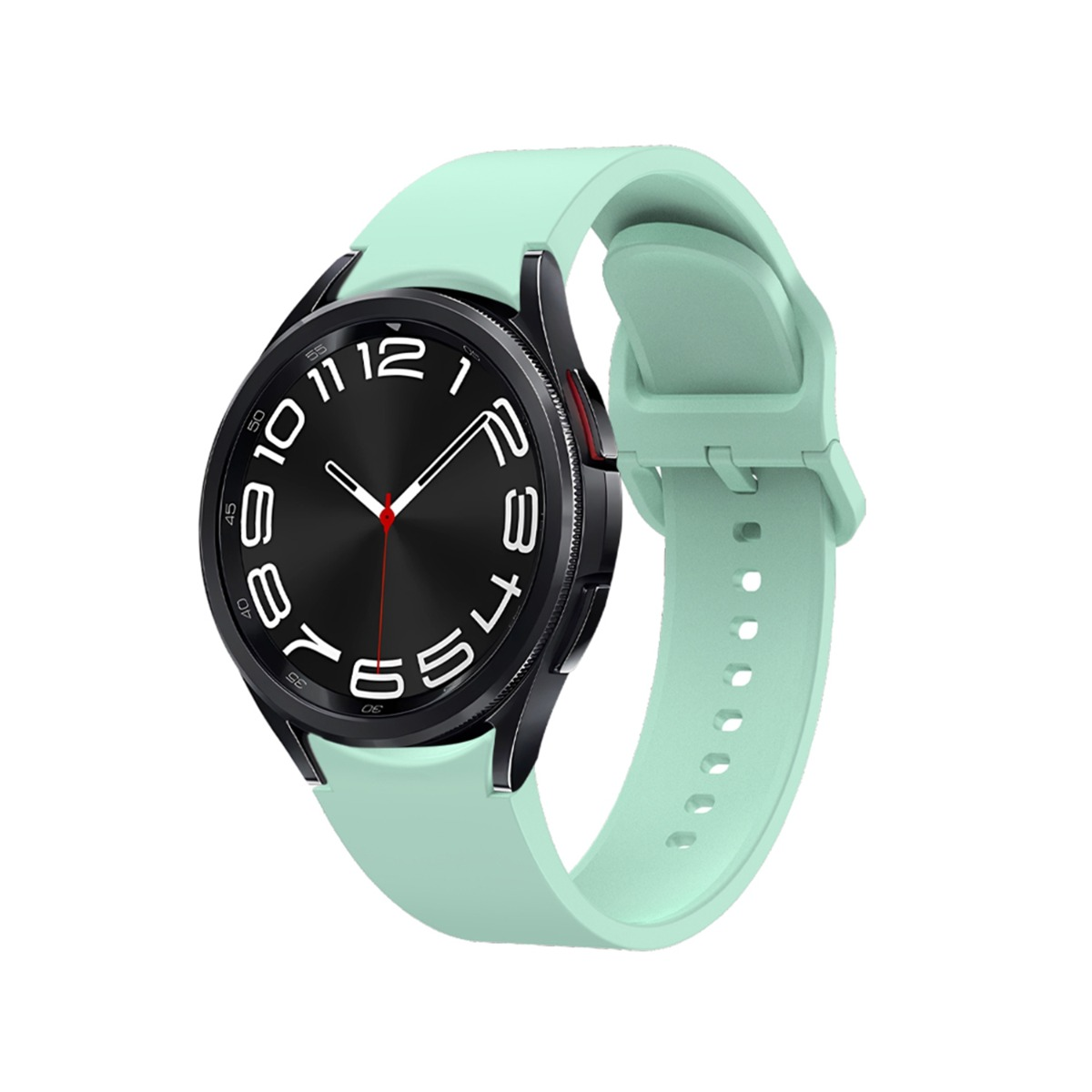 Uno smartwatch verde menta con quadrante nero e numeri bianchi.