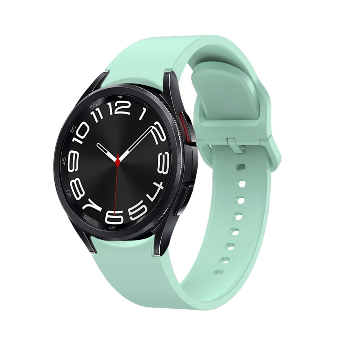 Uno smartwatch verde menta con quadrante nero e numeri bianchi.