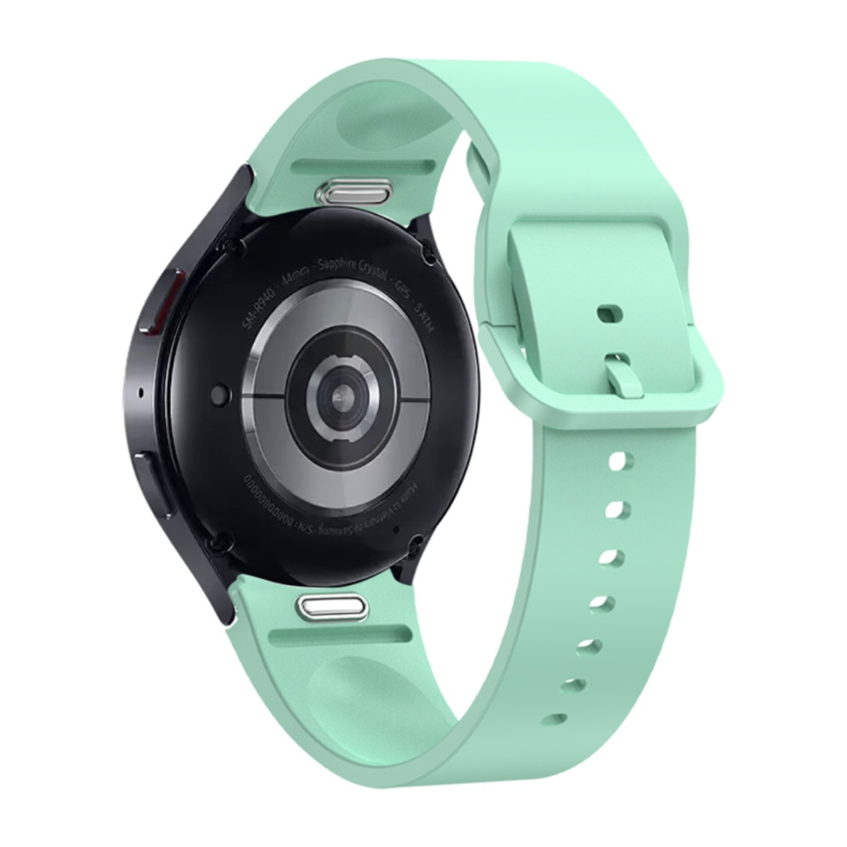 Vista posteriore di uno smartwatch verde menta con cassa nera e dettagli argentati.