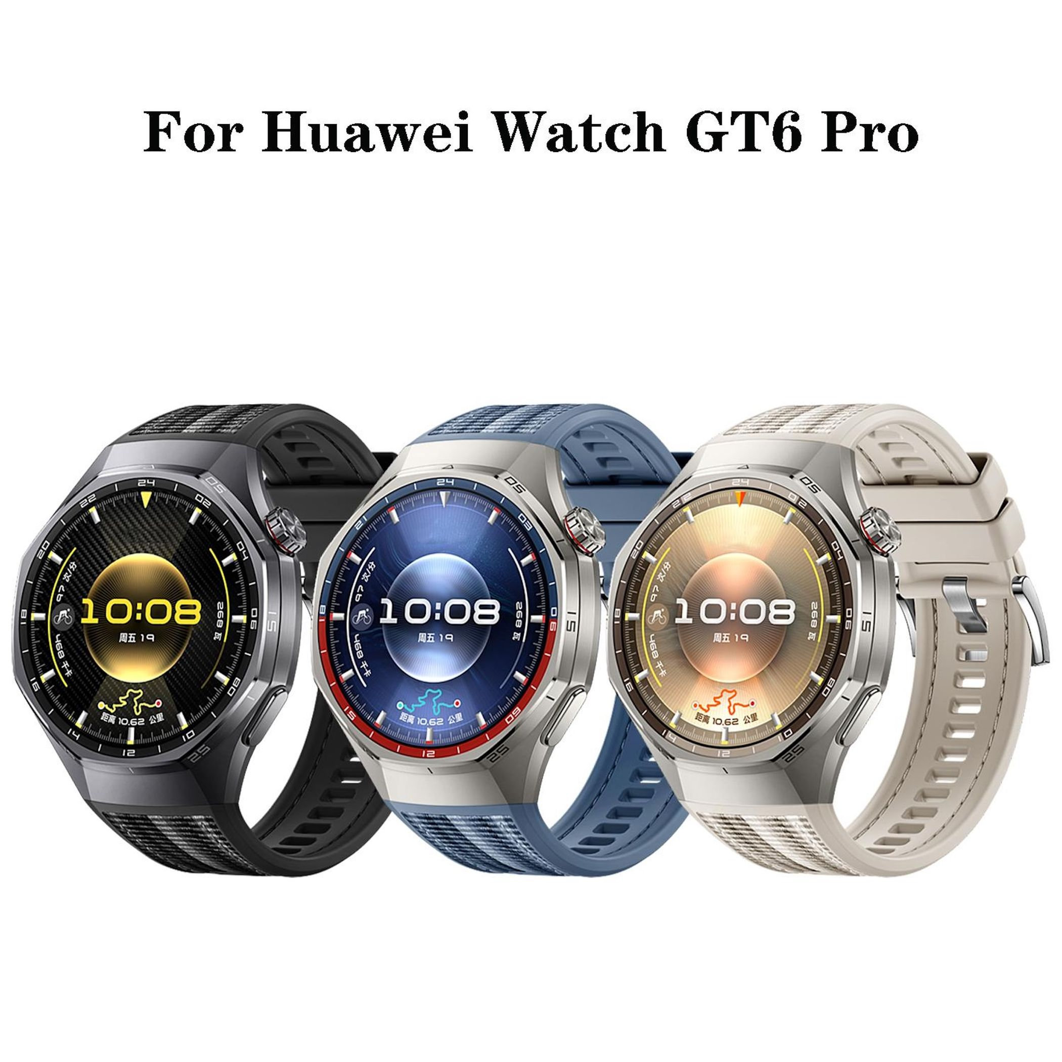 Drei Huawei Watch GT6 Pro in Schwarz, Blau und Beige nebeneinander.