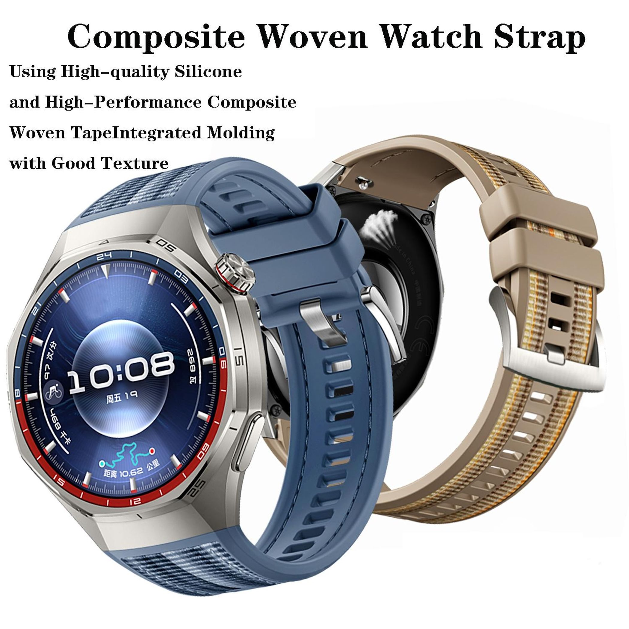 Zwei Uhrenarmbänder: eines blau, eines beige mit kariertem Muster. Eine Uhr mit blauem Zifferblatt.