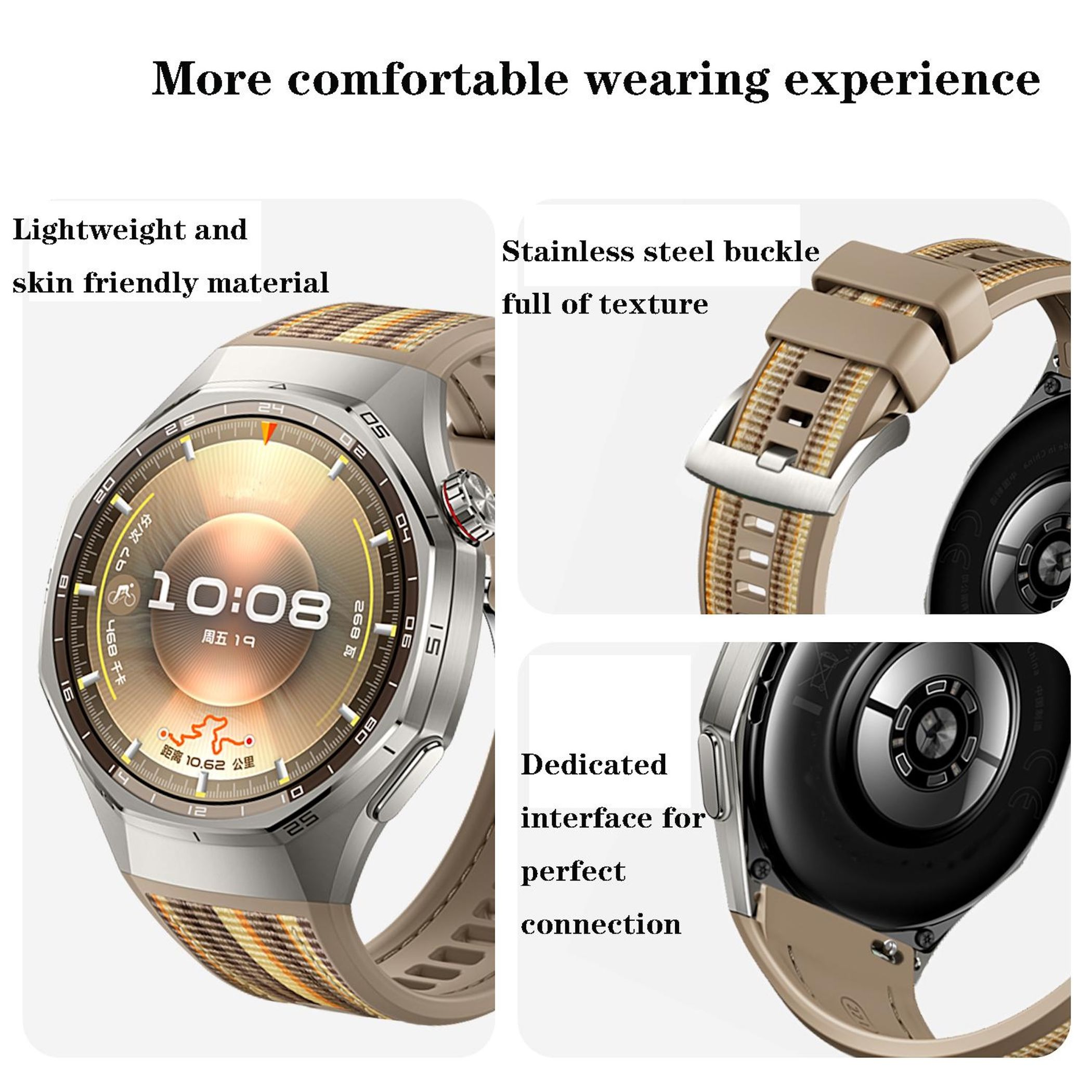 Eine Smartwatch mit silbernem Gehäuse, braunem Armband und digitaler Anzeige.