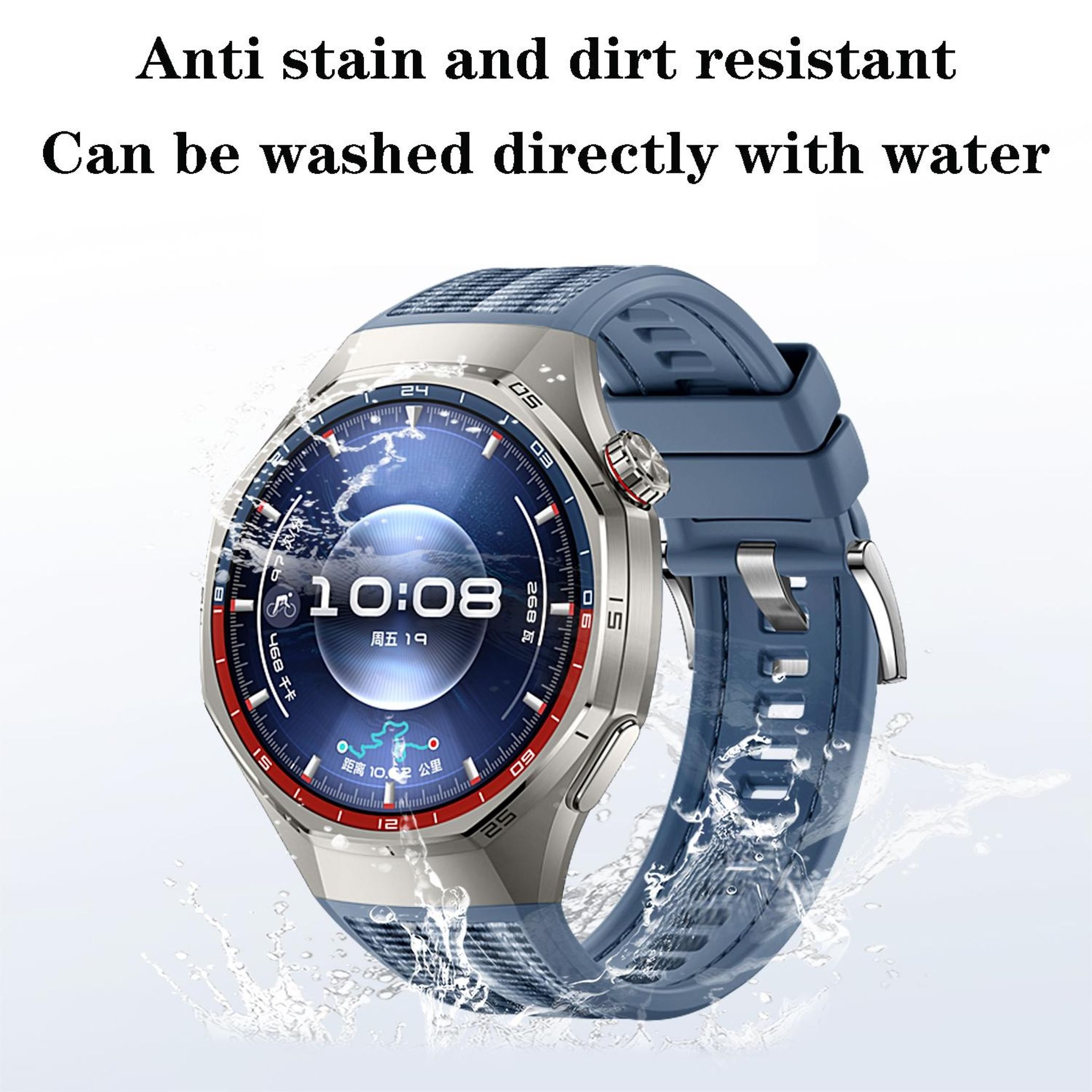 Eine Smartwatch mit blauem Armband, die mit Wasser bespritzt wird. Sie zeigt 10:08 an.