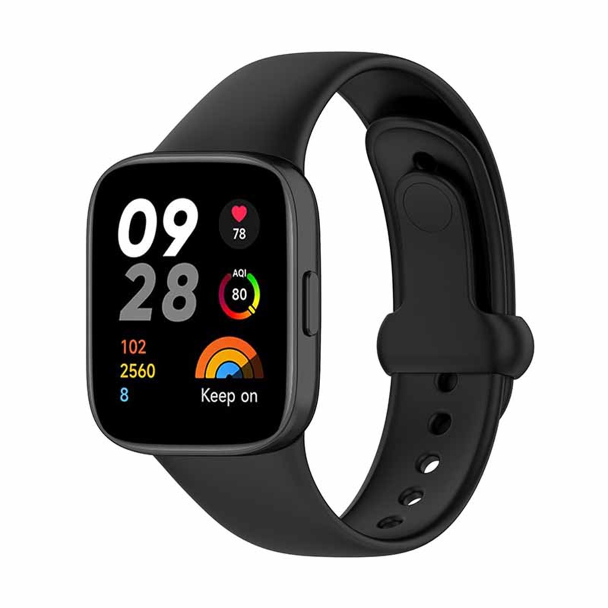 Schwarzes Smartwatch mit digitalem Display zeigt Uhrzeit, Herzfrequenz und AQI.