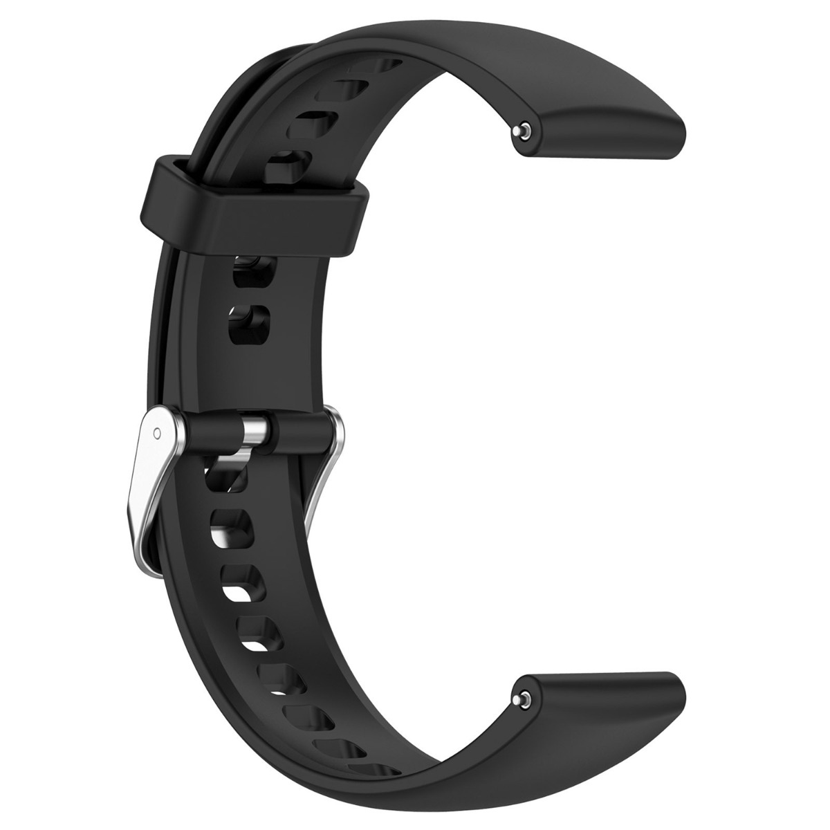 Schwarzes Uhrenarmband aus Gummi mit Metallschnalle und verstellbaren Löchern.