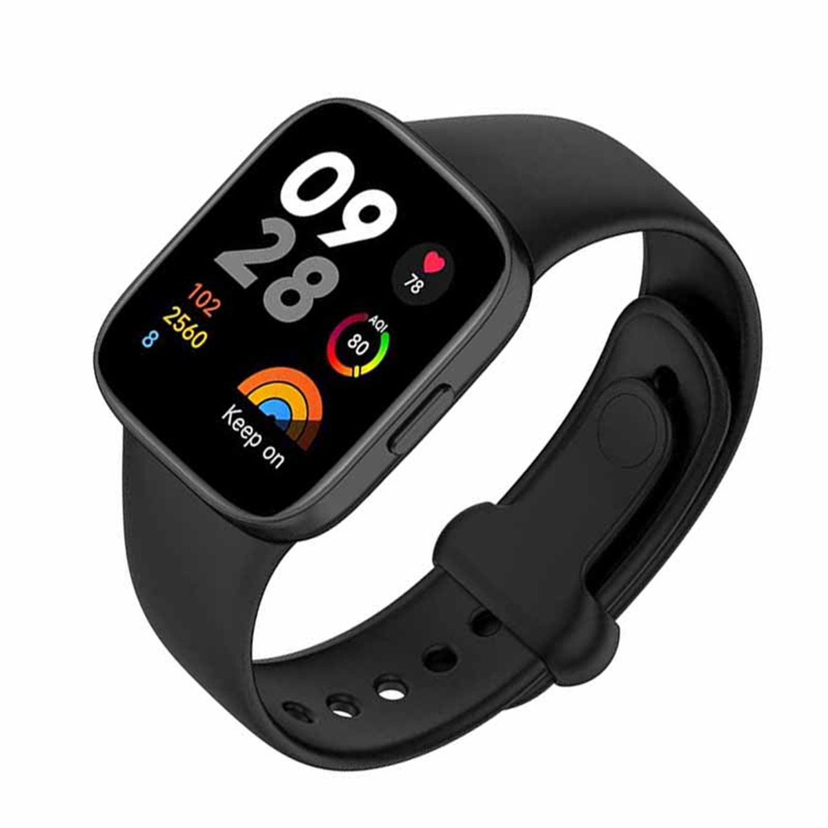 Schwarzes Smartwatch mit digitaler Anzeige: Zeit, Schritte, Herzfrequenz, AQI.