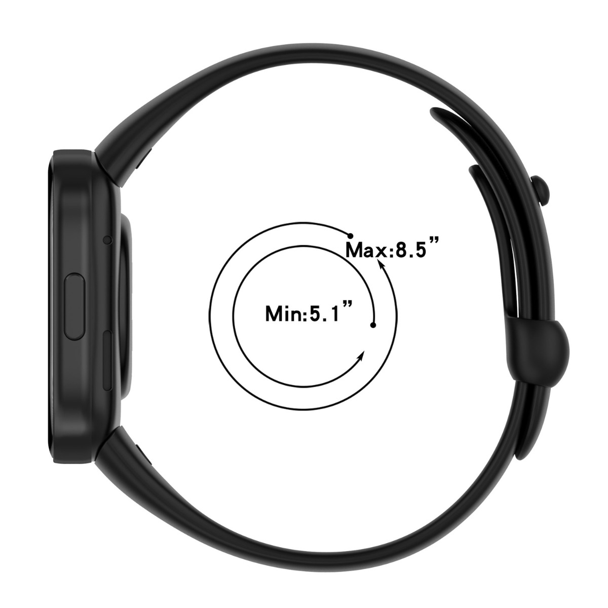 Schwarzes Armband mit Größenangabe Min: 5.1 Zoll, Max: 8.5 Zoll.