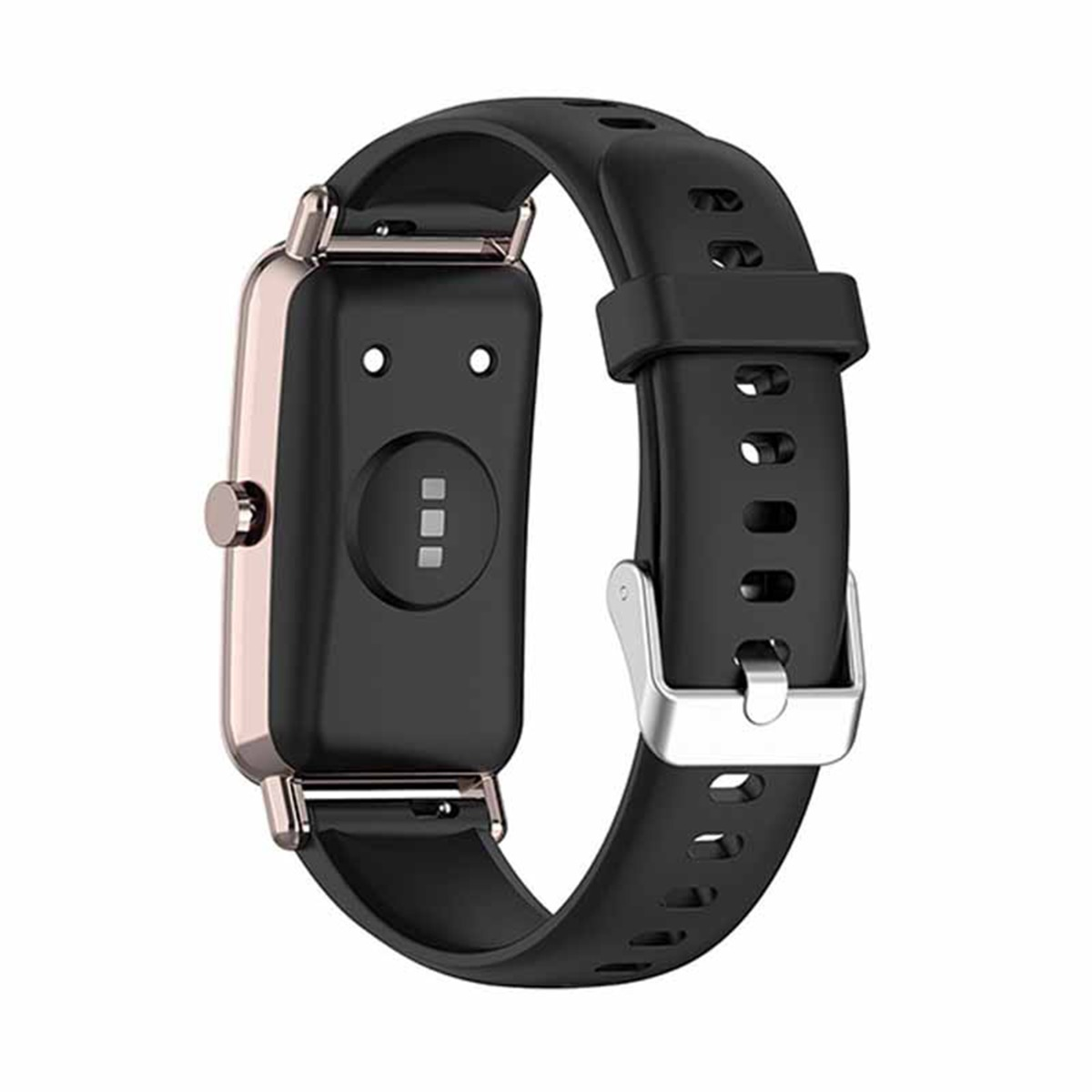 Eine schwarze Smartwatch mit roséfarbenem Gehäuse und silberner Schnalle.