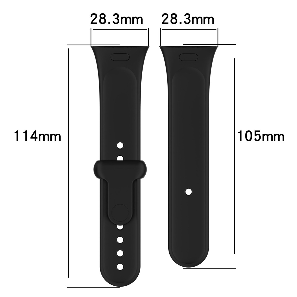 Zwei schwarze Uhrenarmbänder mit Maßangaben. Links 114mm, rechts 105mm.