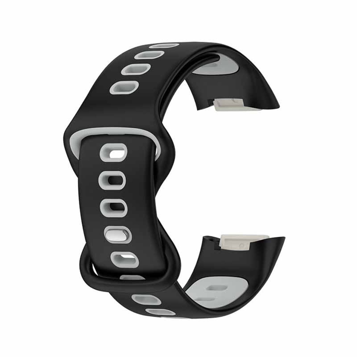 Schwarzes Armband mit ovalen Aussparungen und weißem Rand.