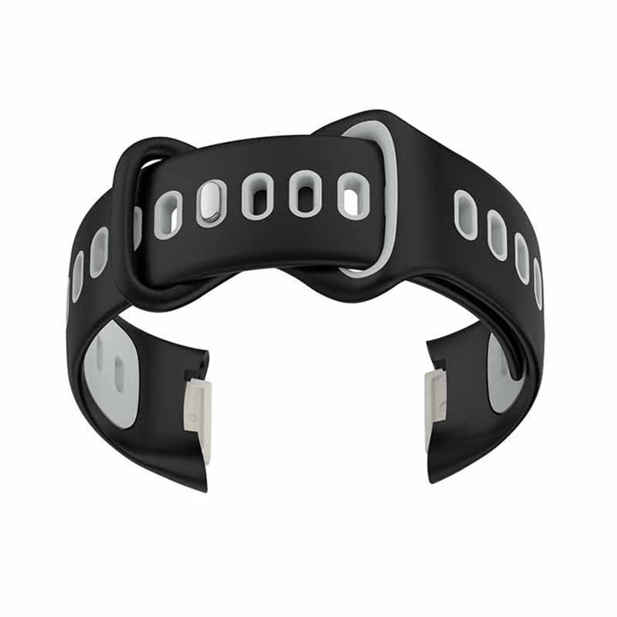 Ein schwarzes Armband mit weißen ovalen Löchern und einem Schnallenmechanismus.