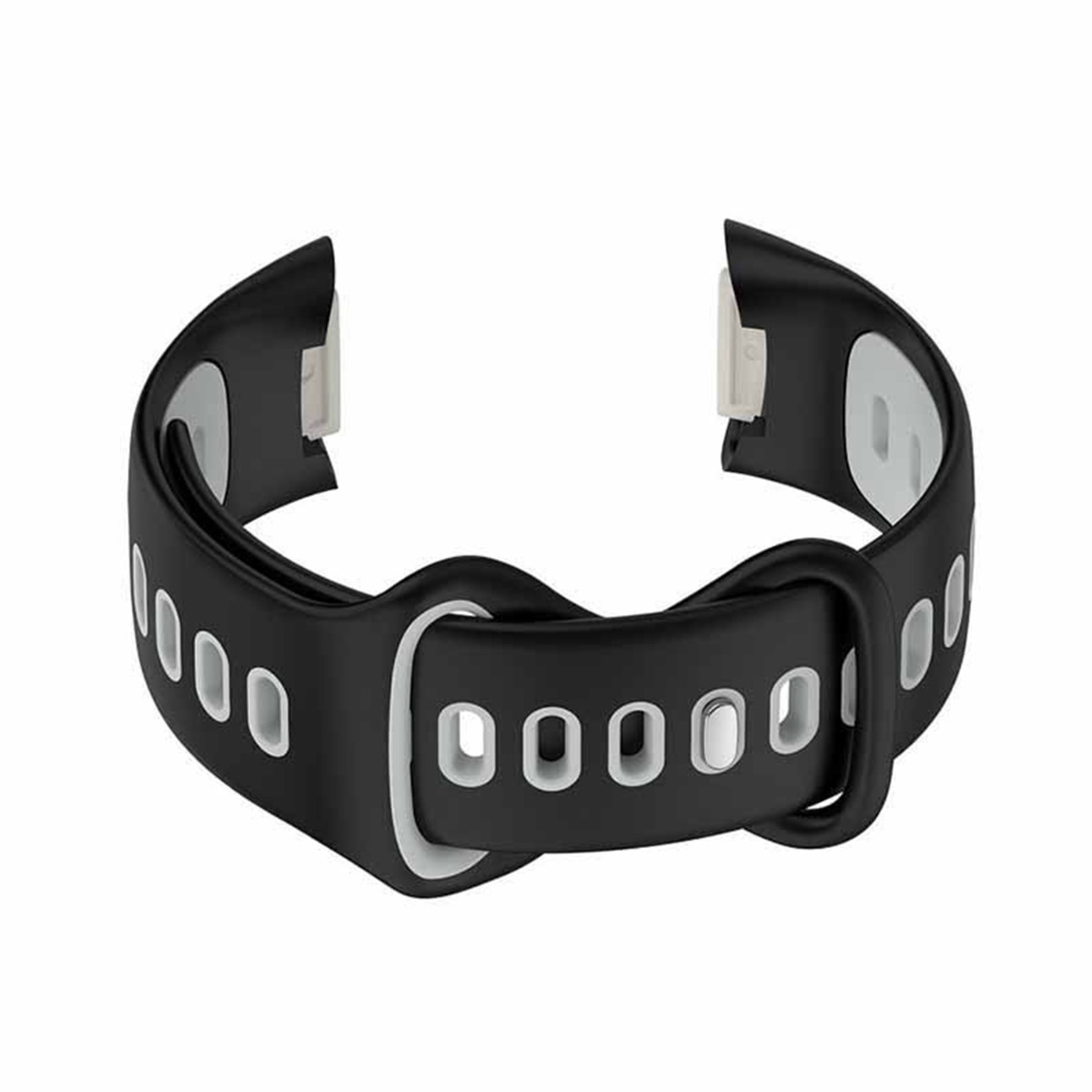 Schwarzes Armband mit weißen ovalen Löchern und Befestigungsclips.