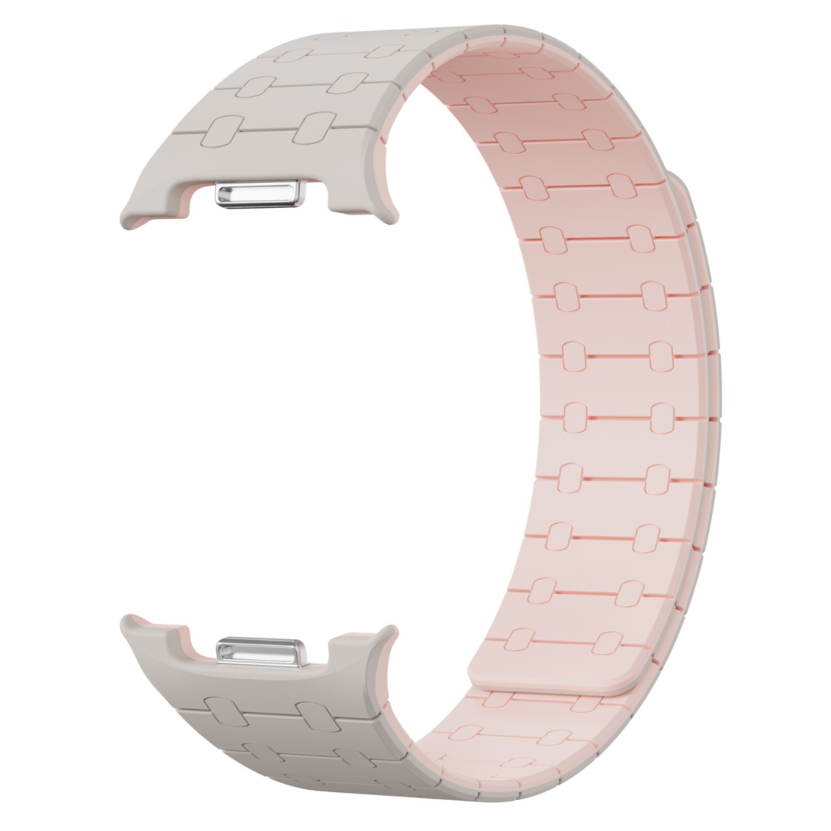 Zweiteiliges Armband aus hellgrauem und zartrosa Material mit Verriegelungsmechanismus.