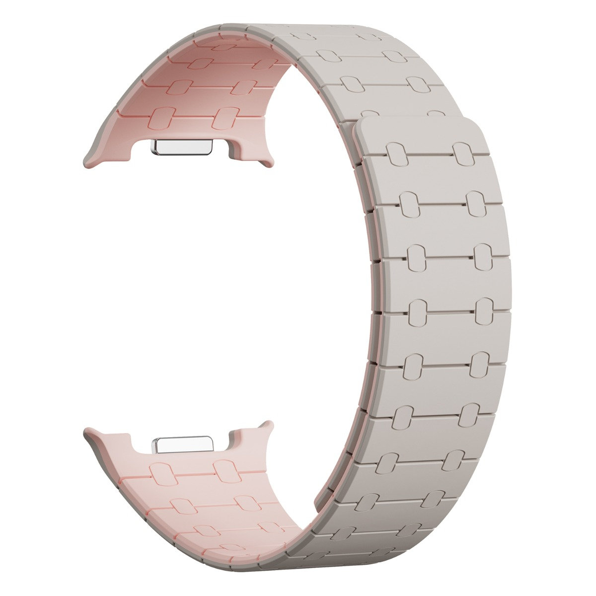 Ein hellrosa Uhrenarmband mit grauen Gliedern, die wie eine Kette angeordnet sind.