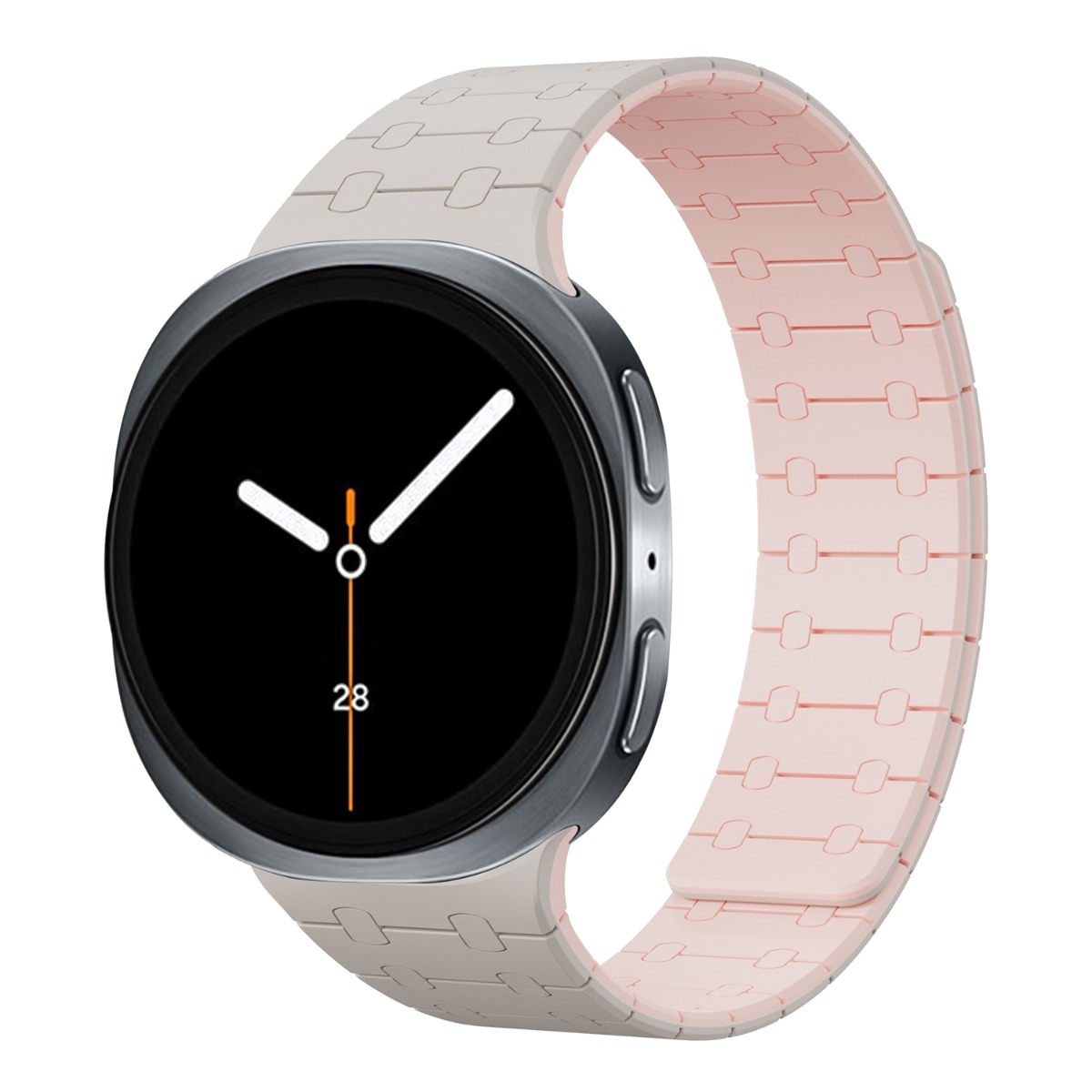 Eine runde Smartwatch mit grauem Metallgehäuse und schwarzem Zifferblatt.