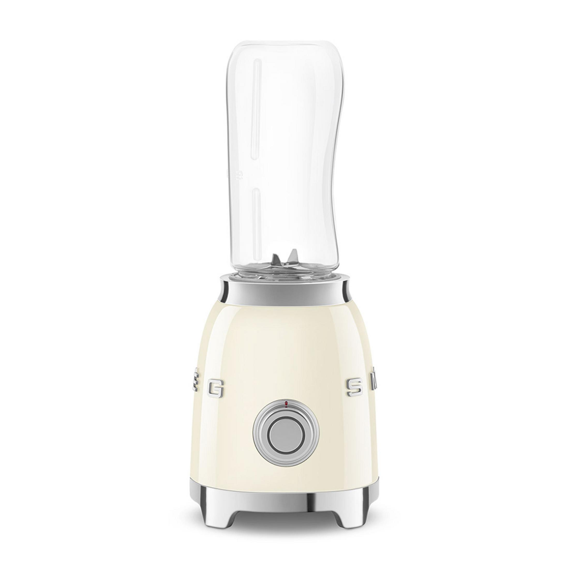 Kremowy blender Smeg ze srebrnymi akcentami i przezroczystym pojemnikiem.