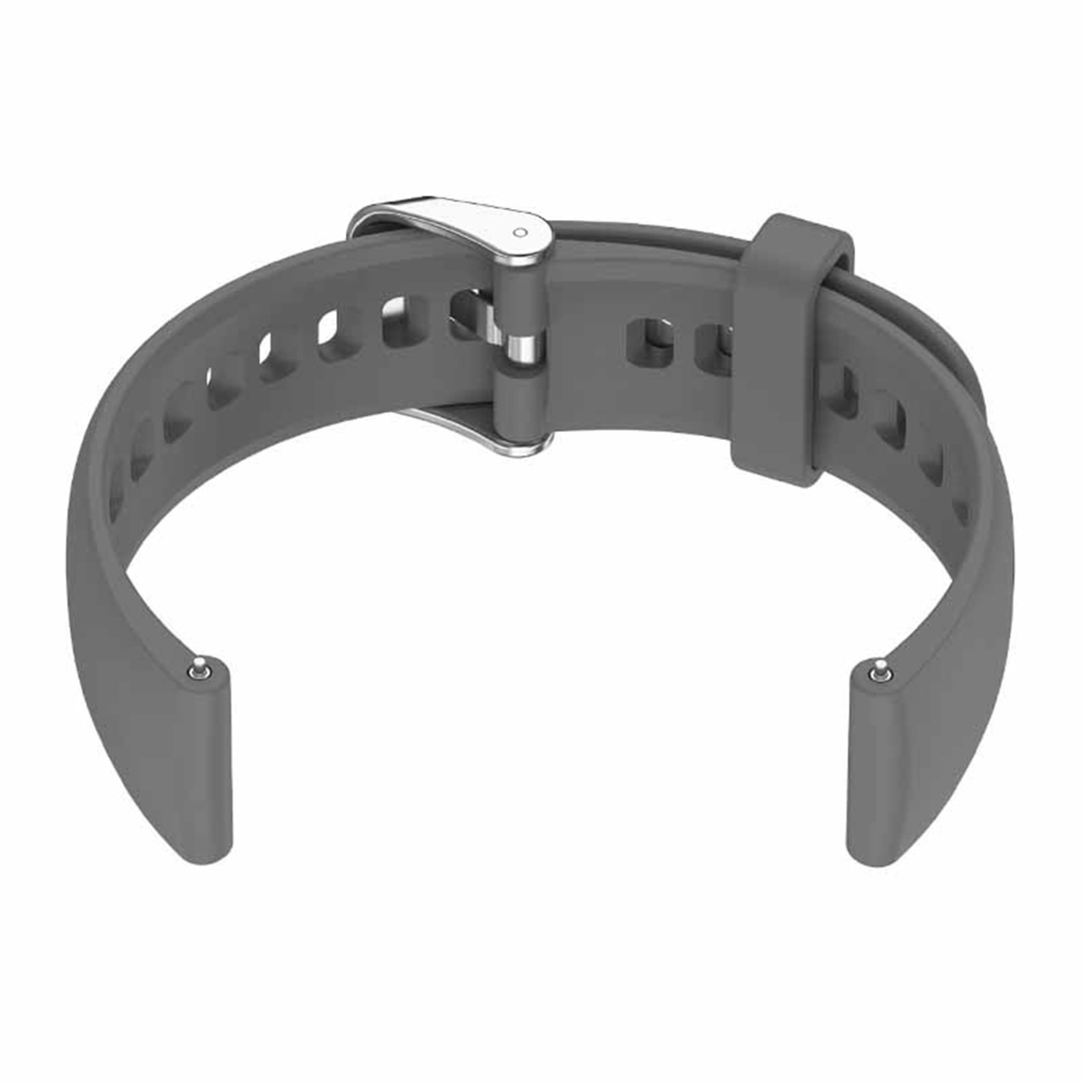 Graues Uhrenarmband aus Gummi mit Metallschnalle und Lochmuster.