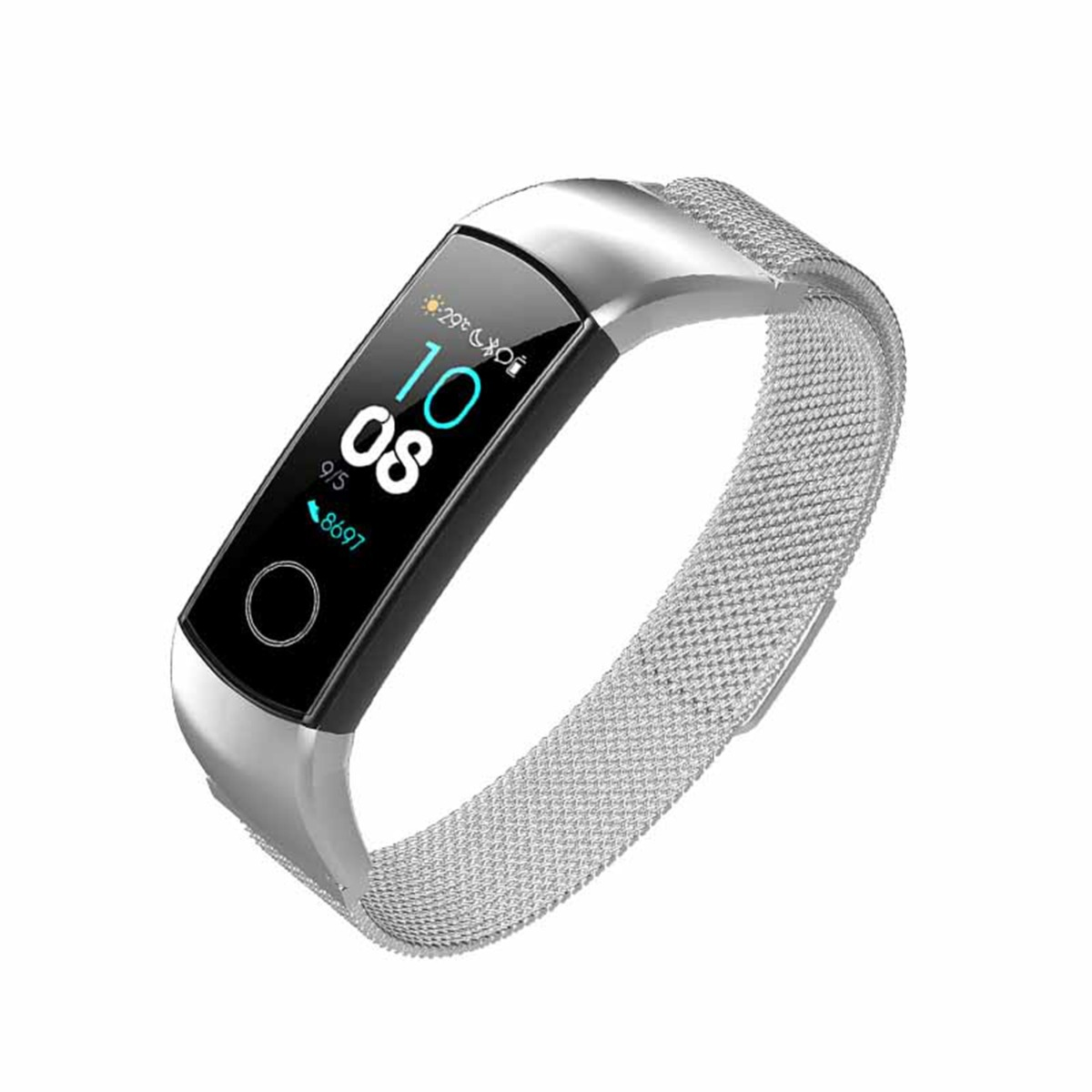 Silbernes Smartband mit Digitalanzeige, zeigt 10:08 Uhr, 29°C, 95 Schritte, 8697 Meter.