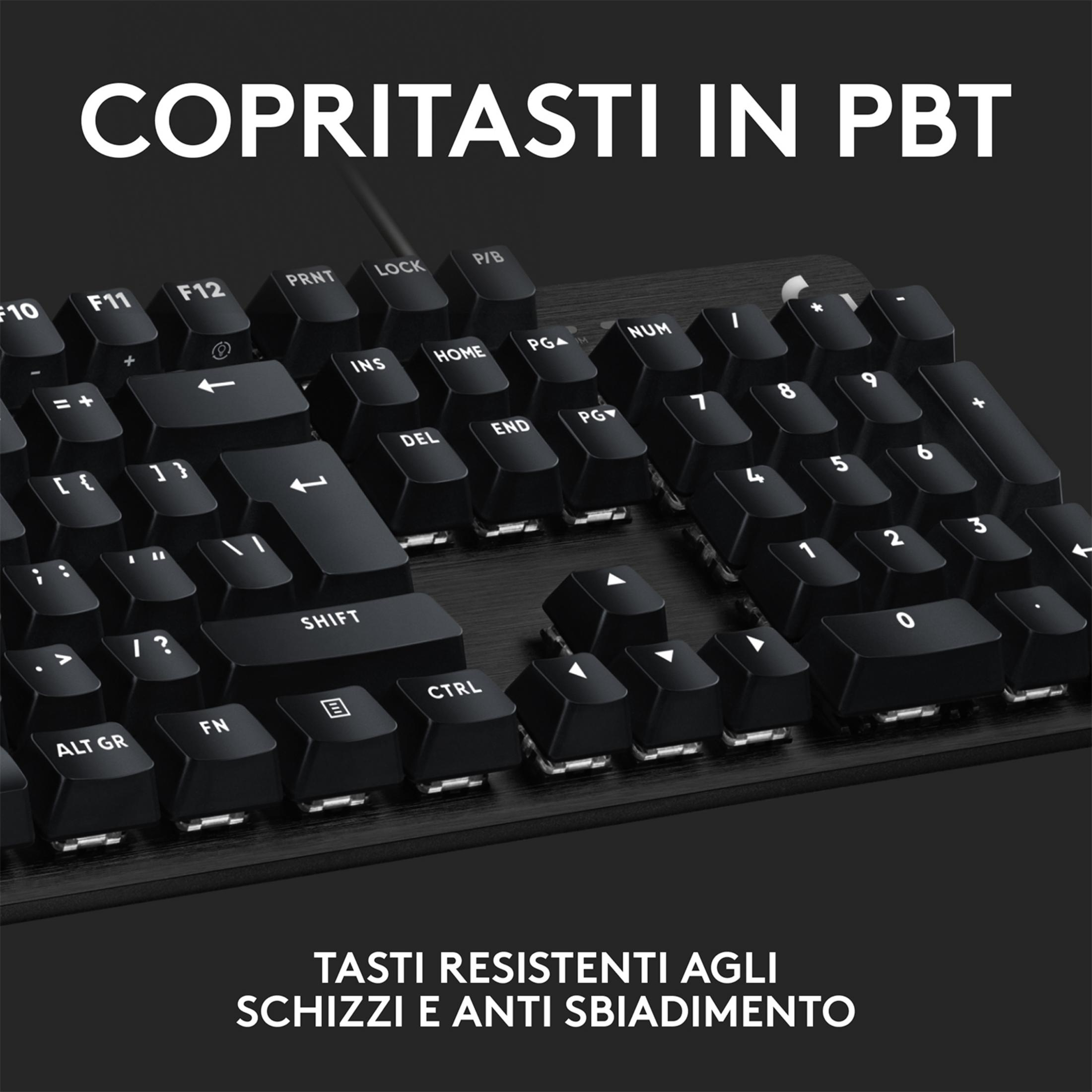 Zbliżenie czarnej klawiatury z nakładkami PBT. Tekst: 'COPRITASTI IN PBT'.