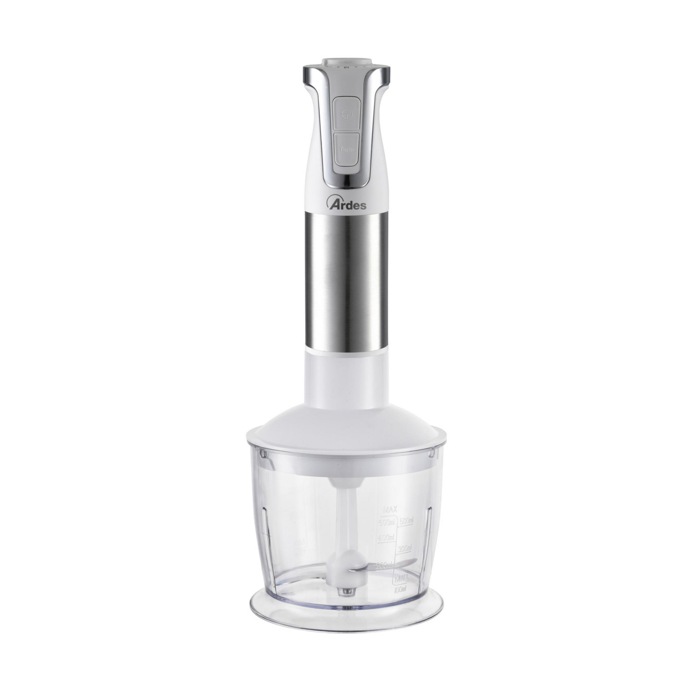 Biały blender ręczny z srebrnymi akcentami i przezroczystą misą siekacza.