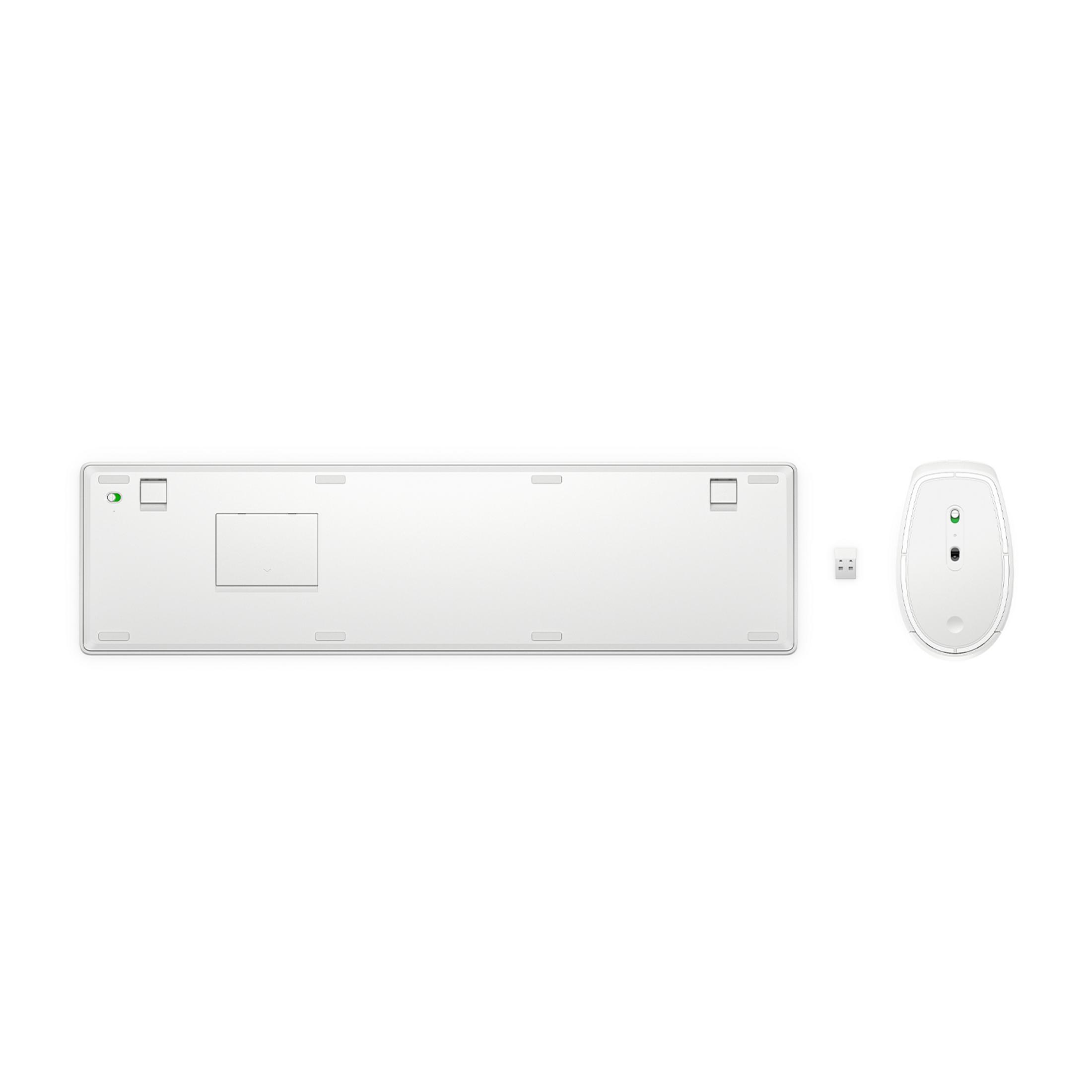 Retro tastiera bianca, mouse e ricevitore USB su sfondo bianco.
