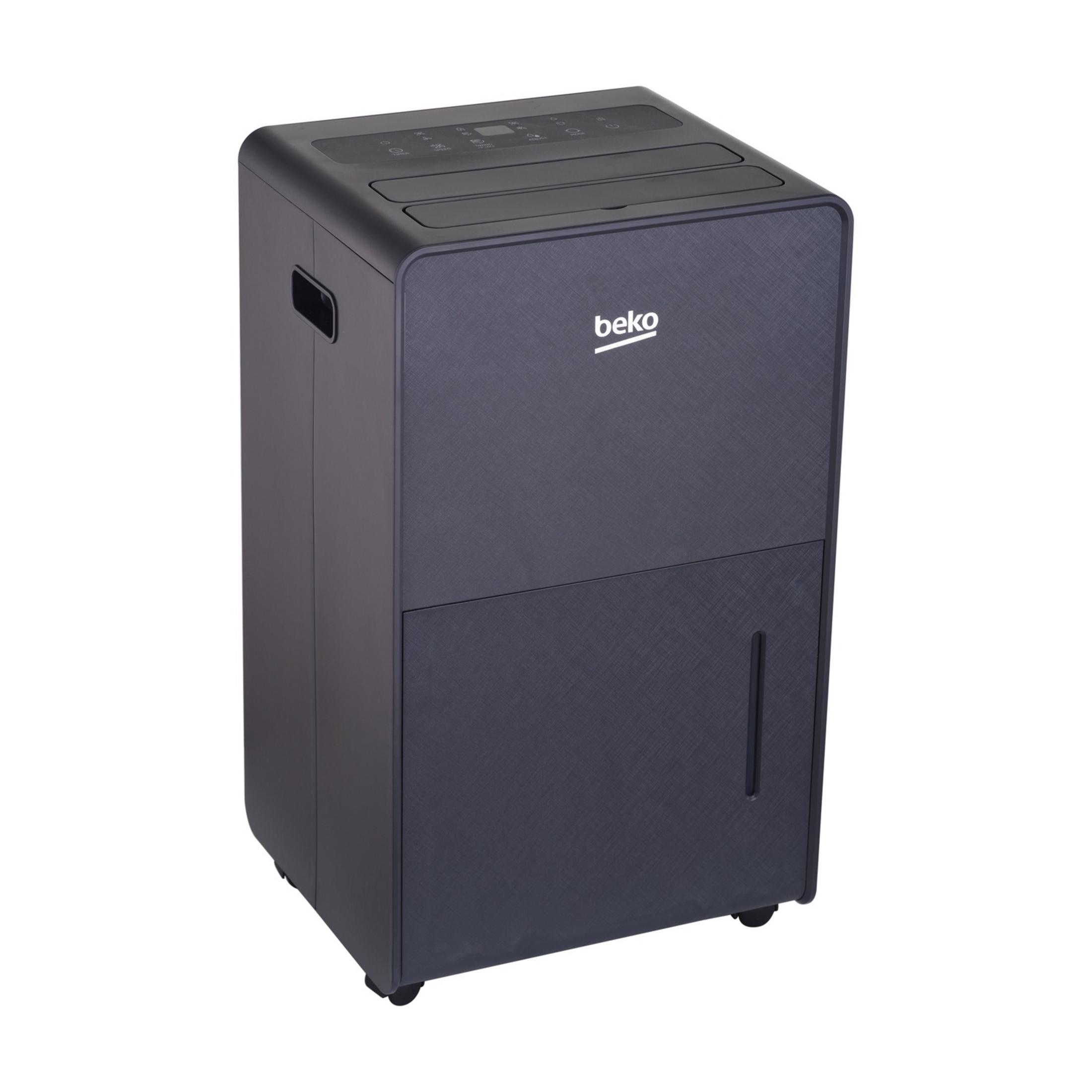 Ciemny osuszacz powietrza Beko z panelem sterowania i zbiornikiem na wodę.