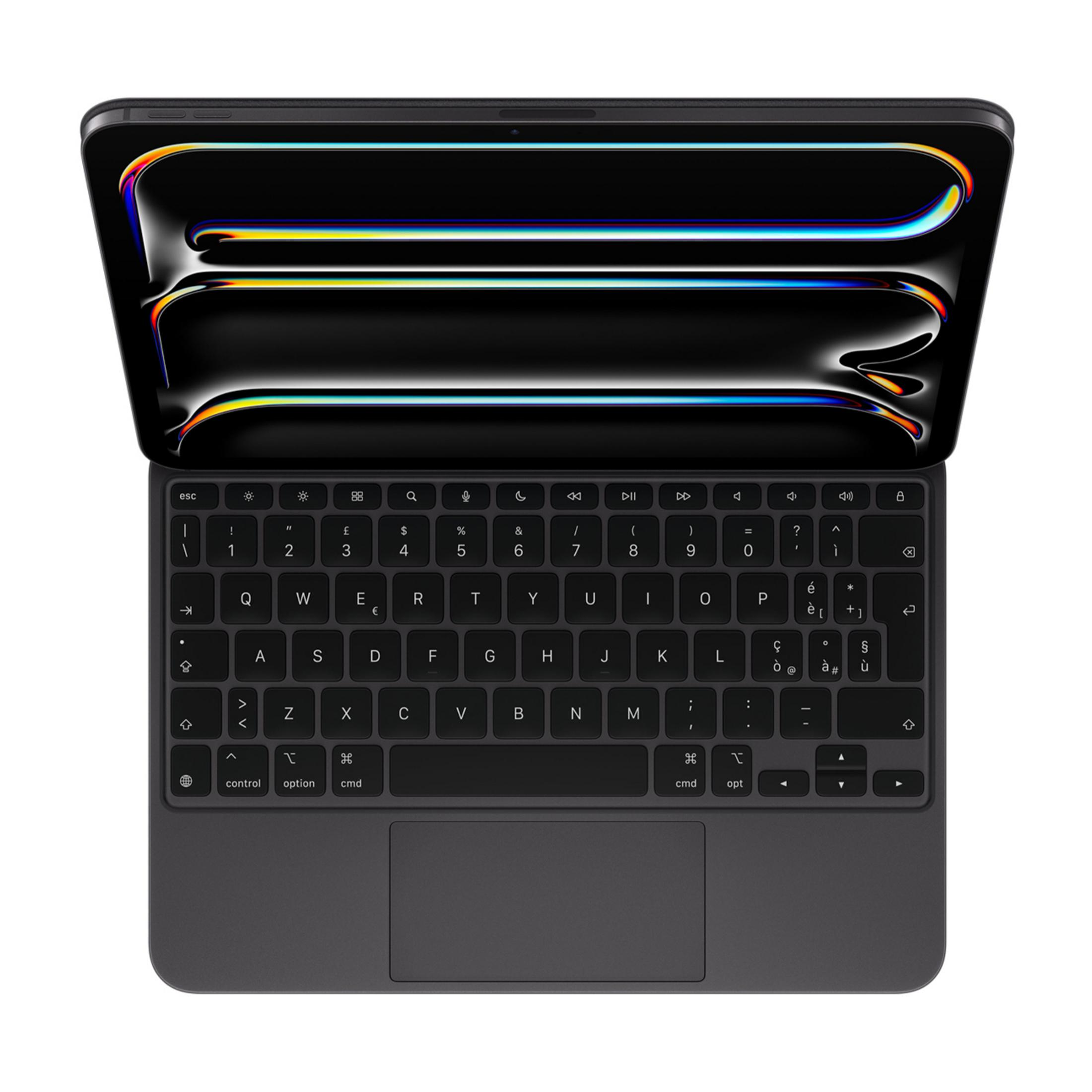 Otwarty ciemny tablet z klawiaturą na białym tle.