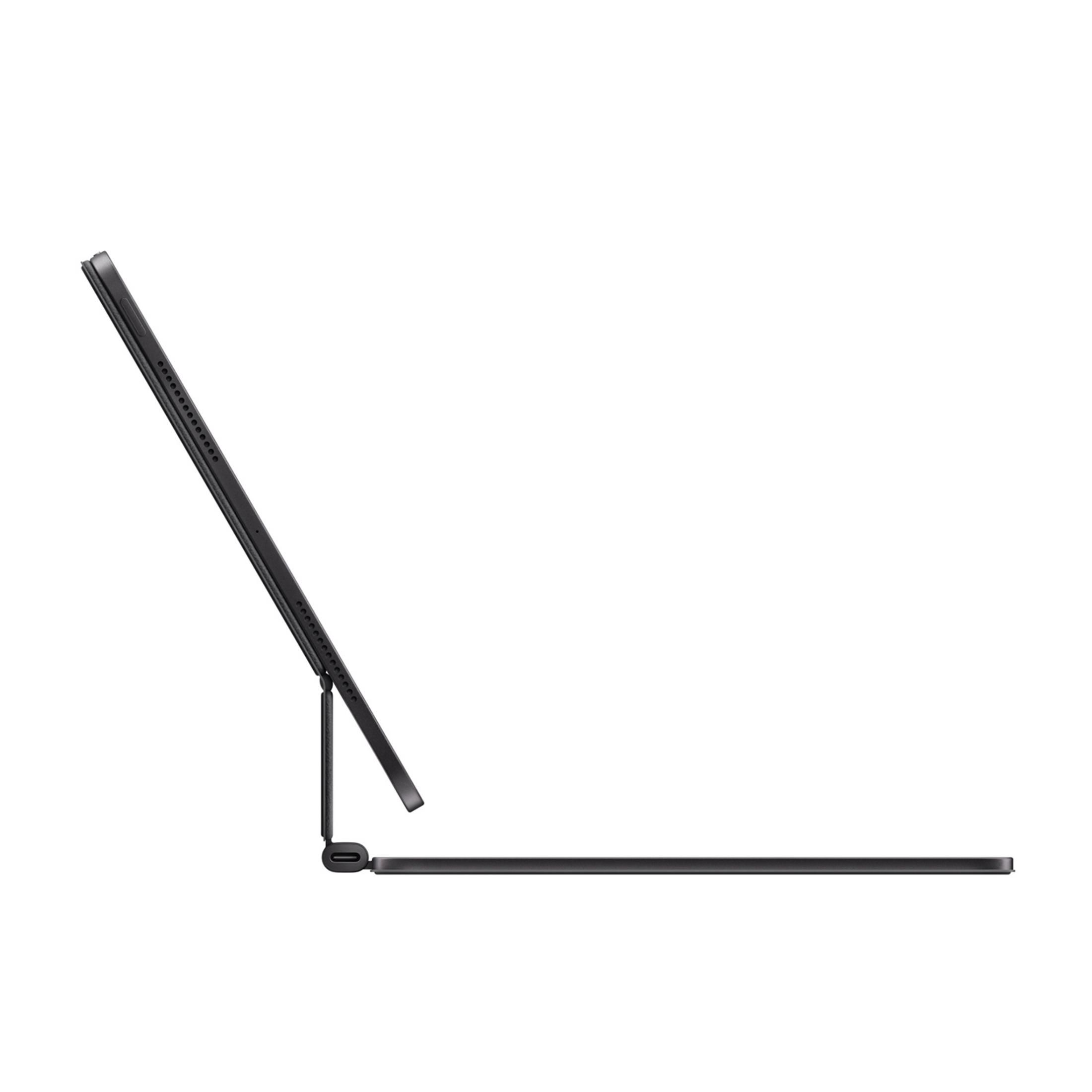 Czarny tablet z podłączoną klawiaturą, na białym tle.