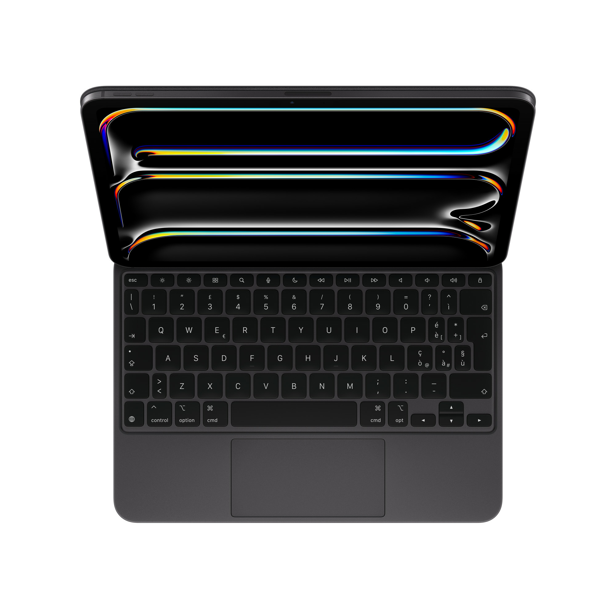 Ciemny laptop z otwartym ekranem, pokazujący klawiaturę, na białym tle.