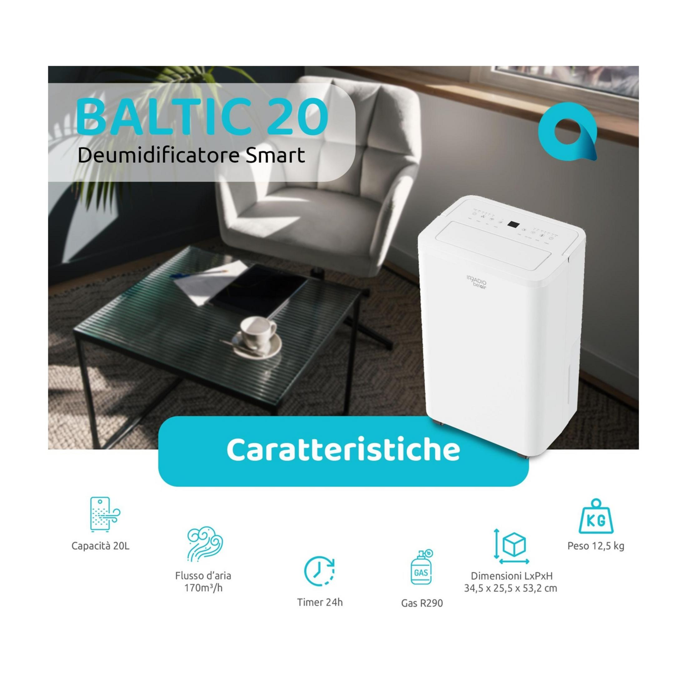 Un deshumidificador blanco llamado BALTIC 20 está junto a una mesa.