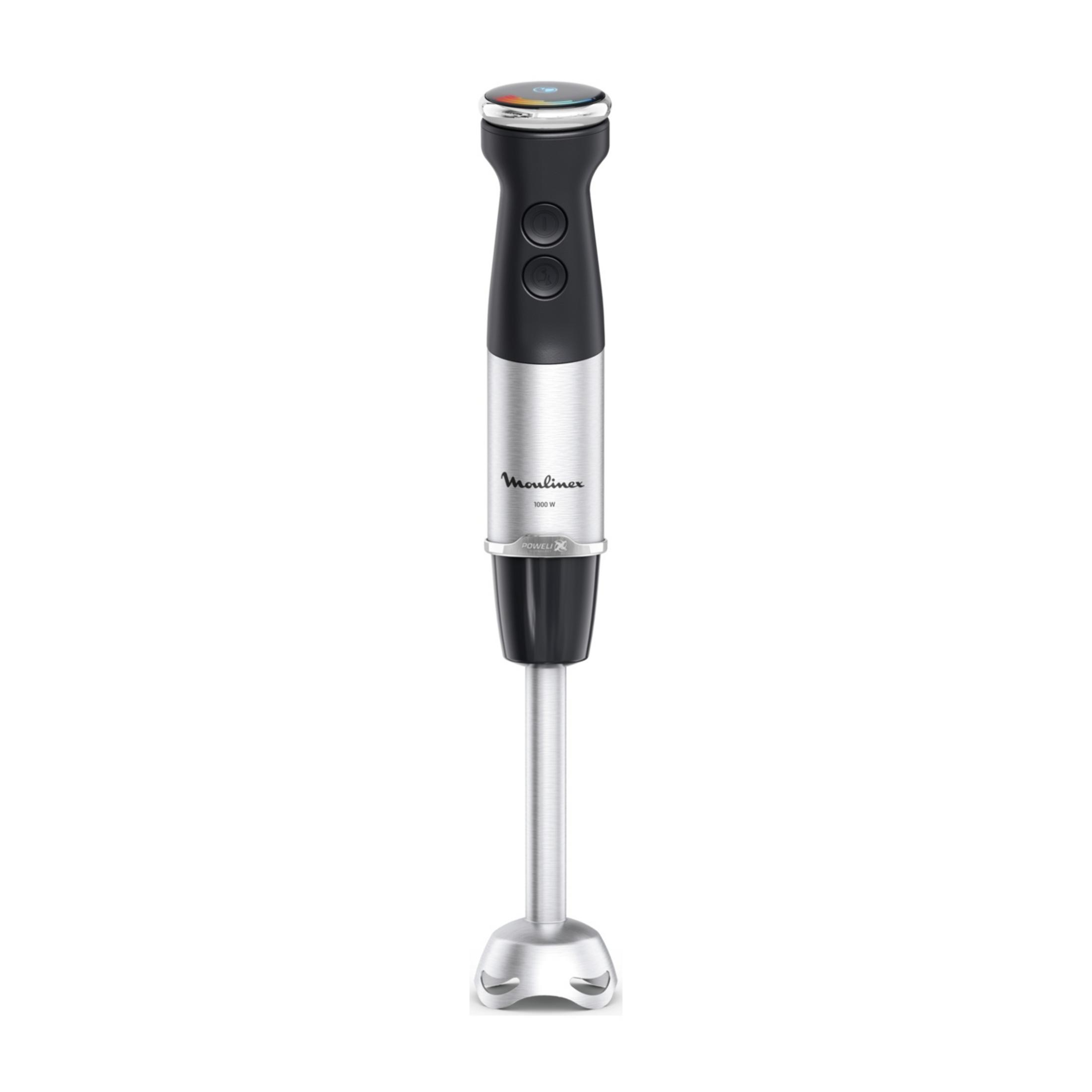 A silver and black immersion blender with two buttons and an LCD display.