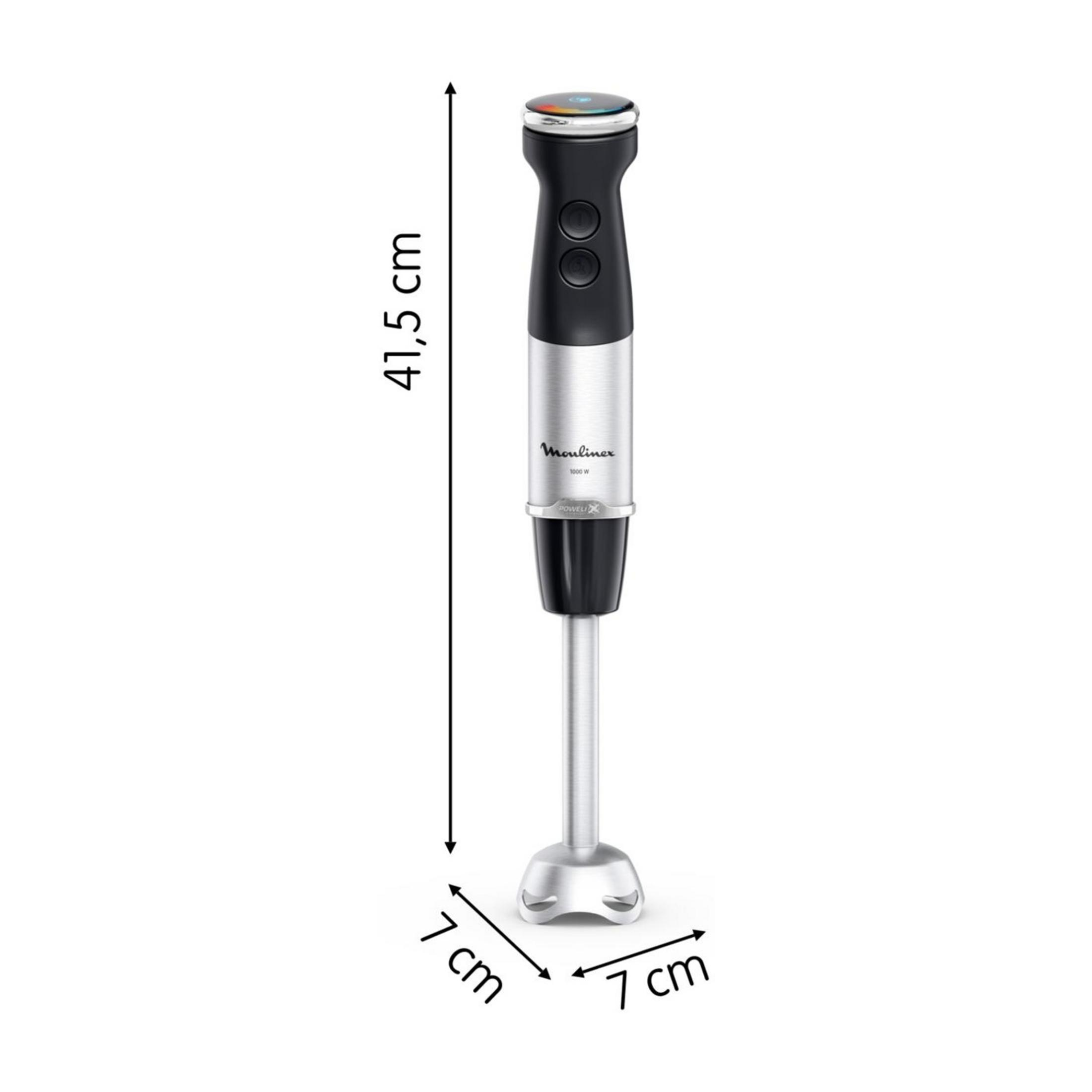 A silver immersion blender with black accents and a metal foot. Length: 41.5 cm.