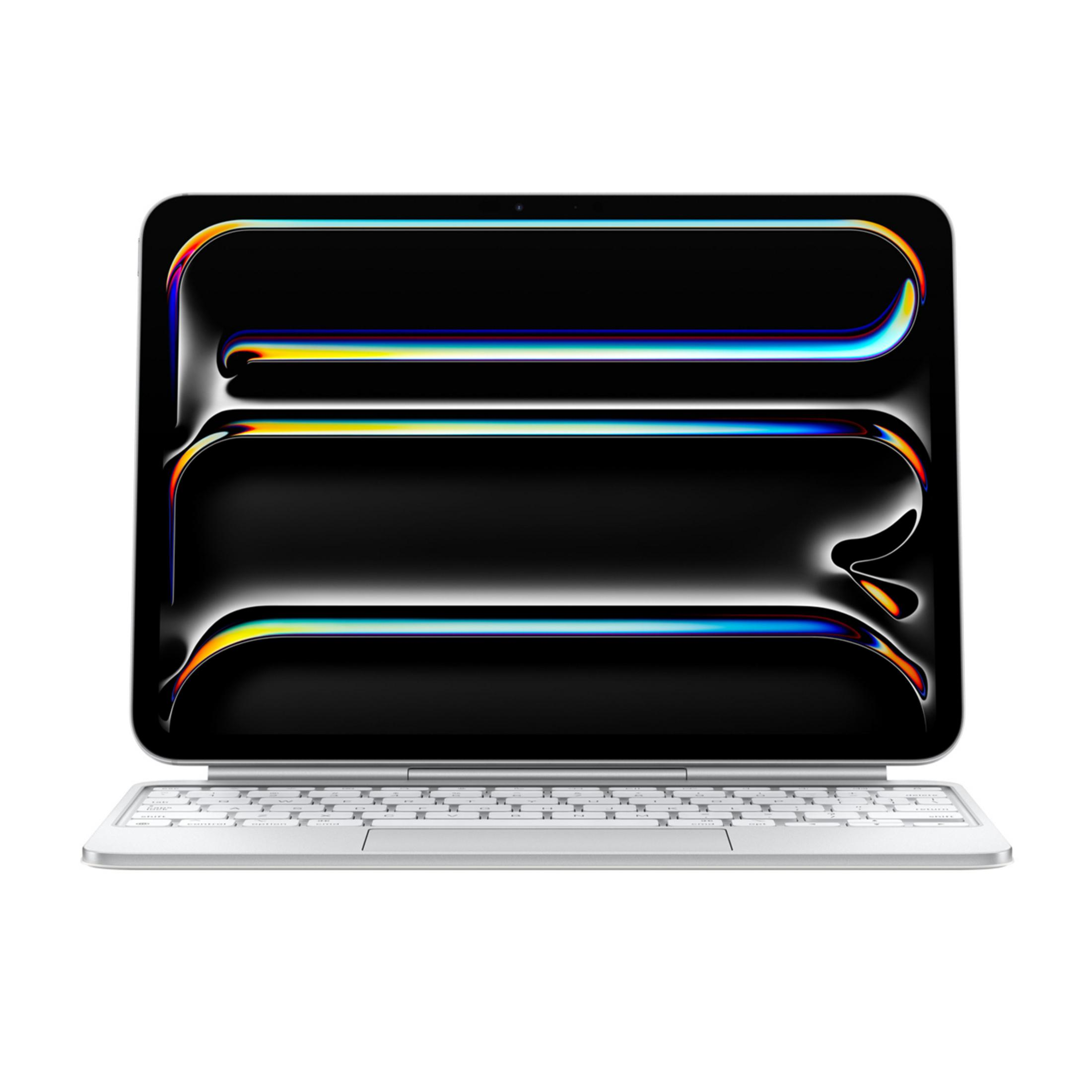 Un laptop argentato con schermo scuro che mostra luci astratte e colorate.