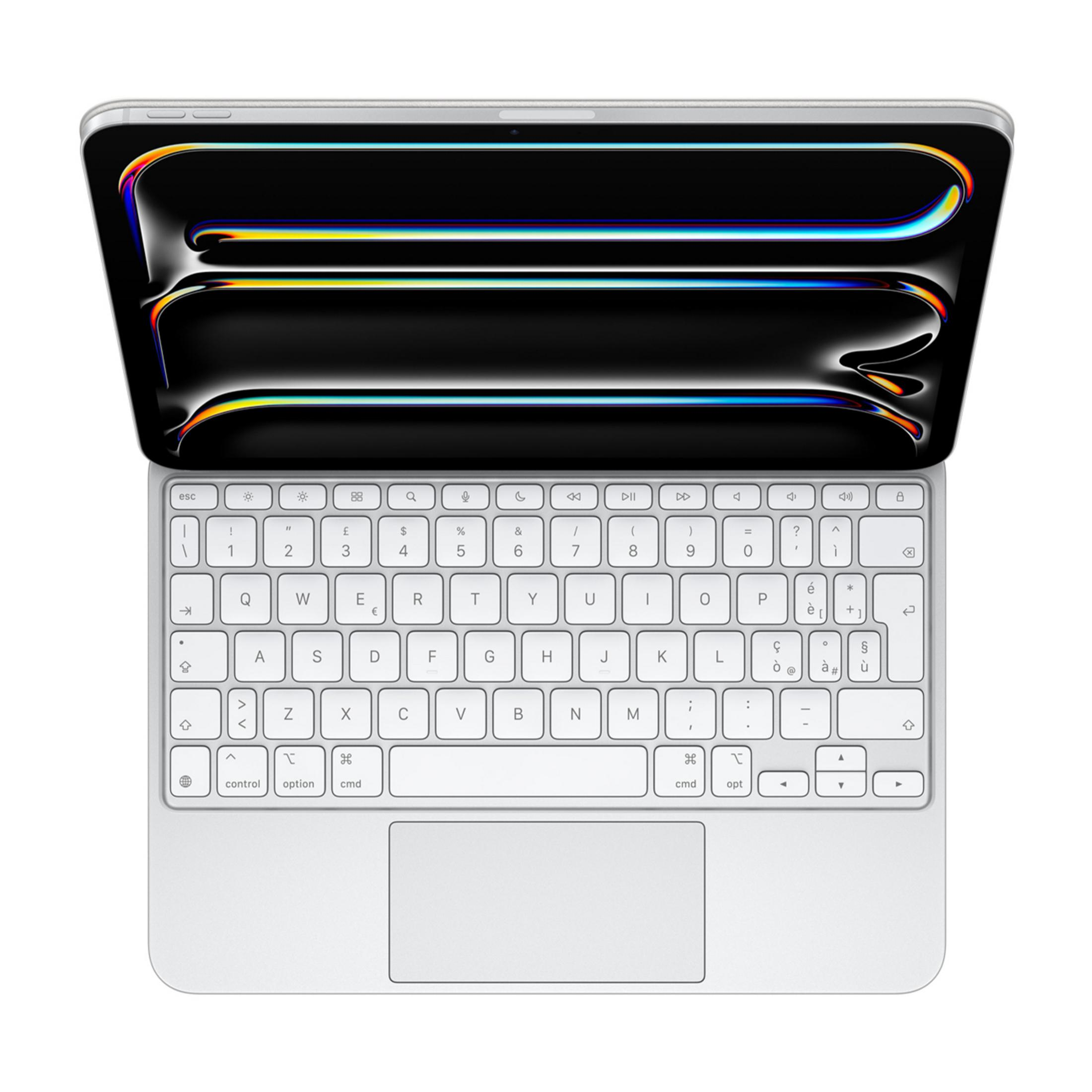 Un tablet argentato con tastiera e schermo luminoso.