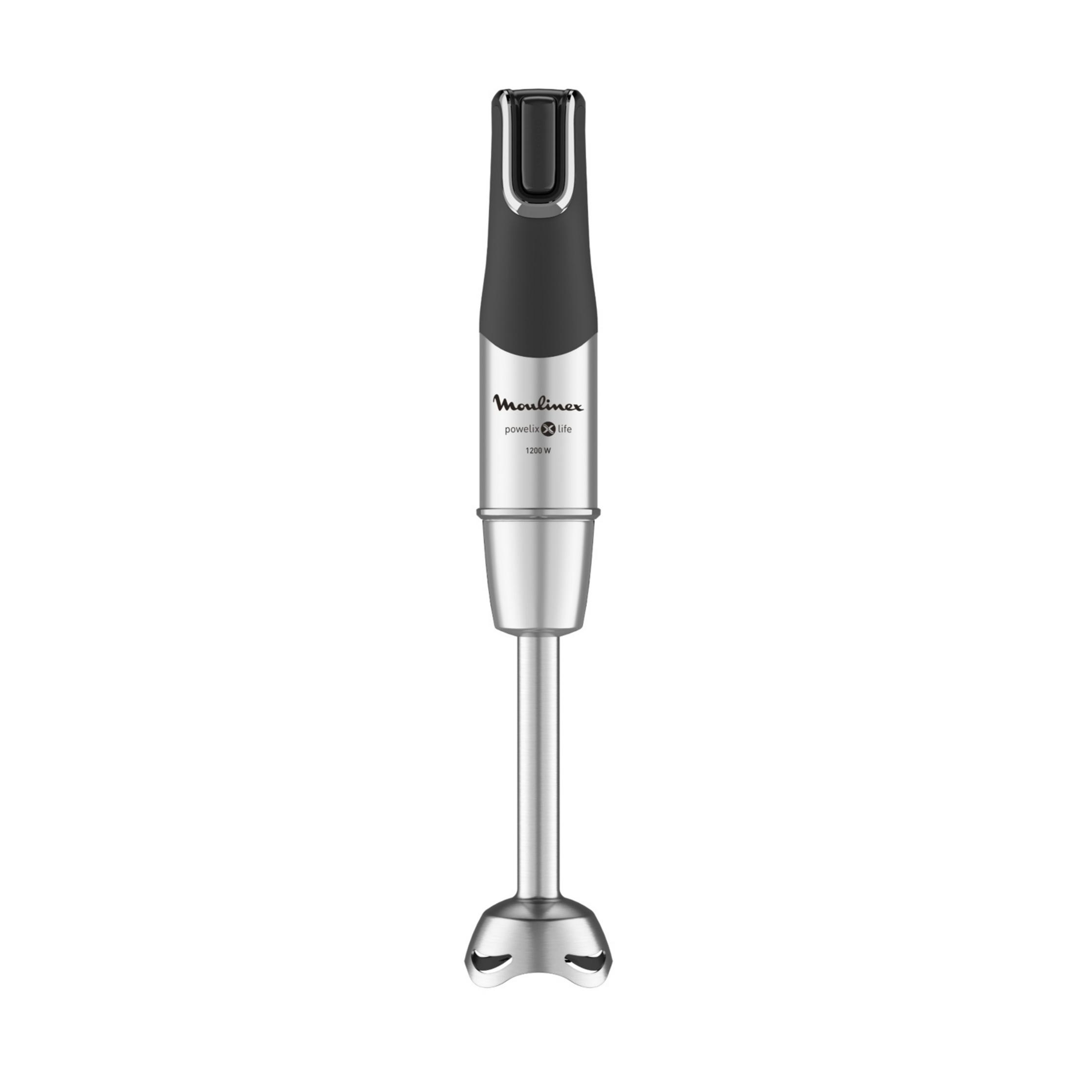 Een zilveren staafmixer met zwart handvat en Moulinex logo.