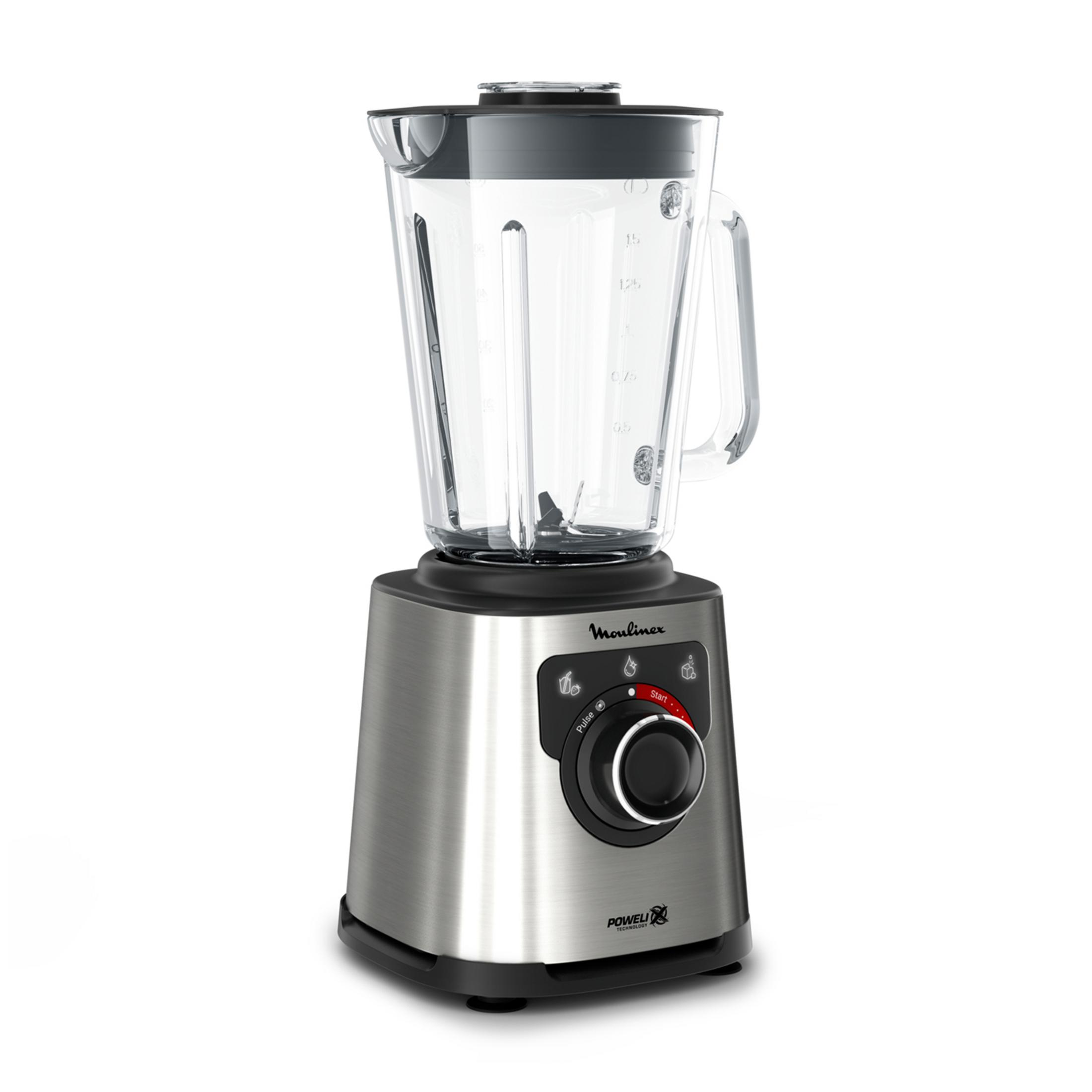 Ein silberner Standmixer mit Glaskrug und schwarzem Sockel auf weißem Hintergrund.