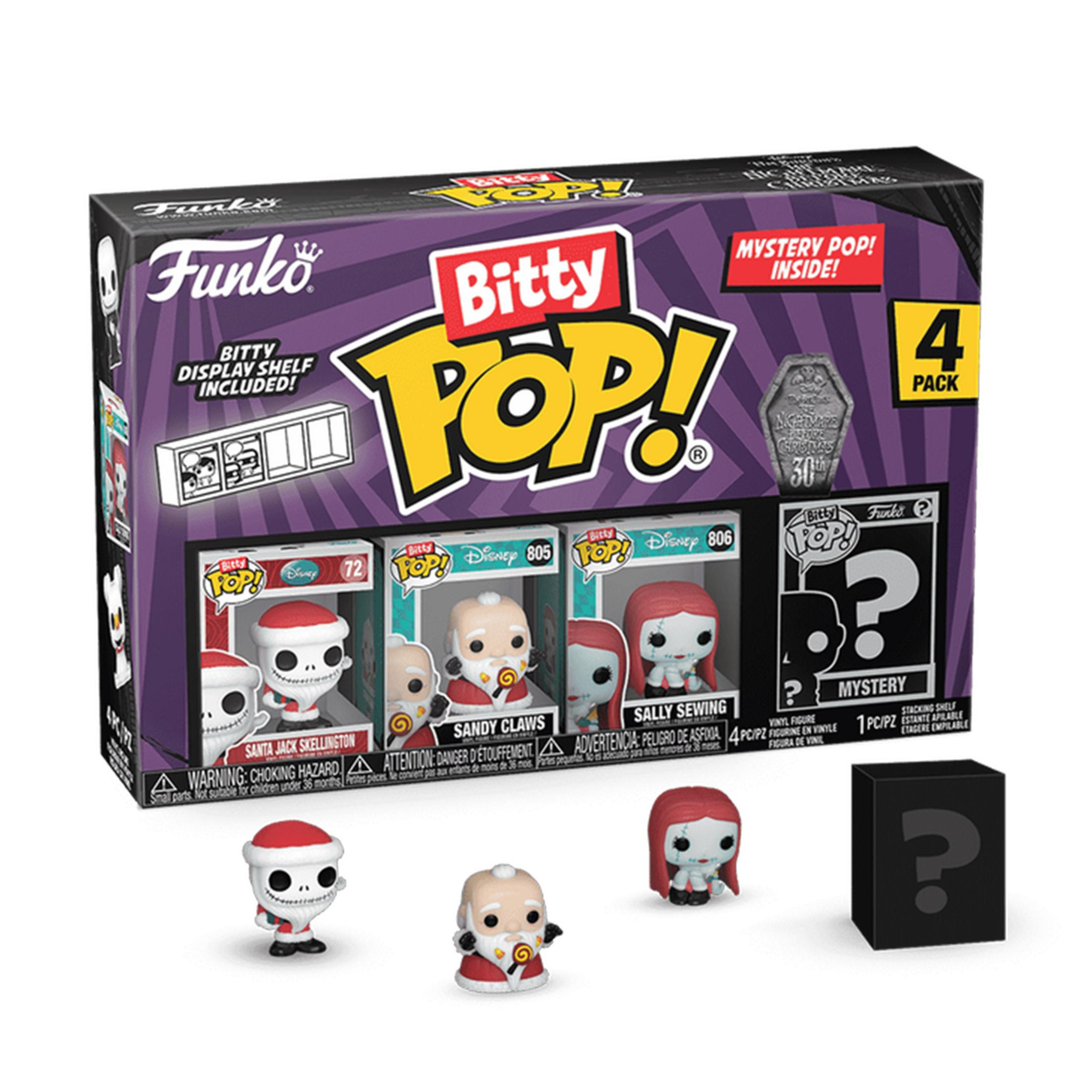 Box Funko Bitty Pop! con 3 figure: Jack Skellington, Sandy Claws, Sally. Include una figura misteriosa.