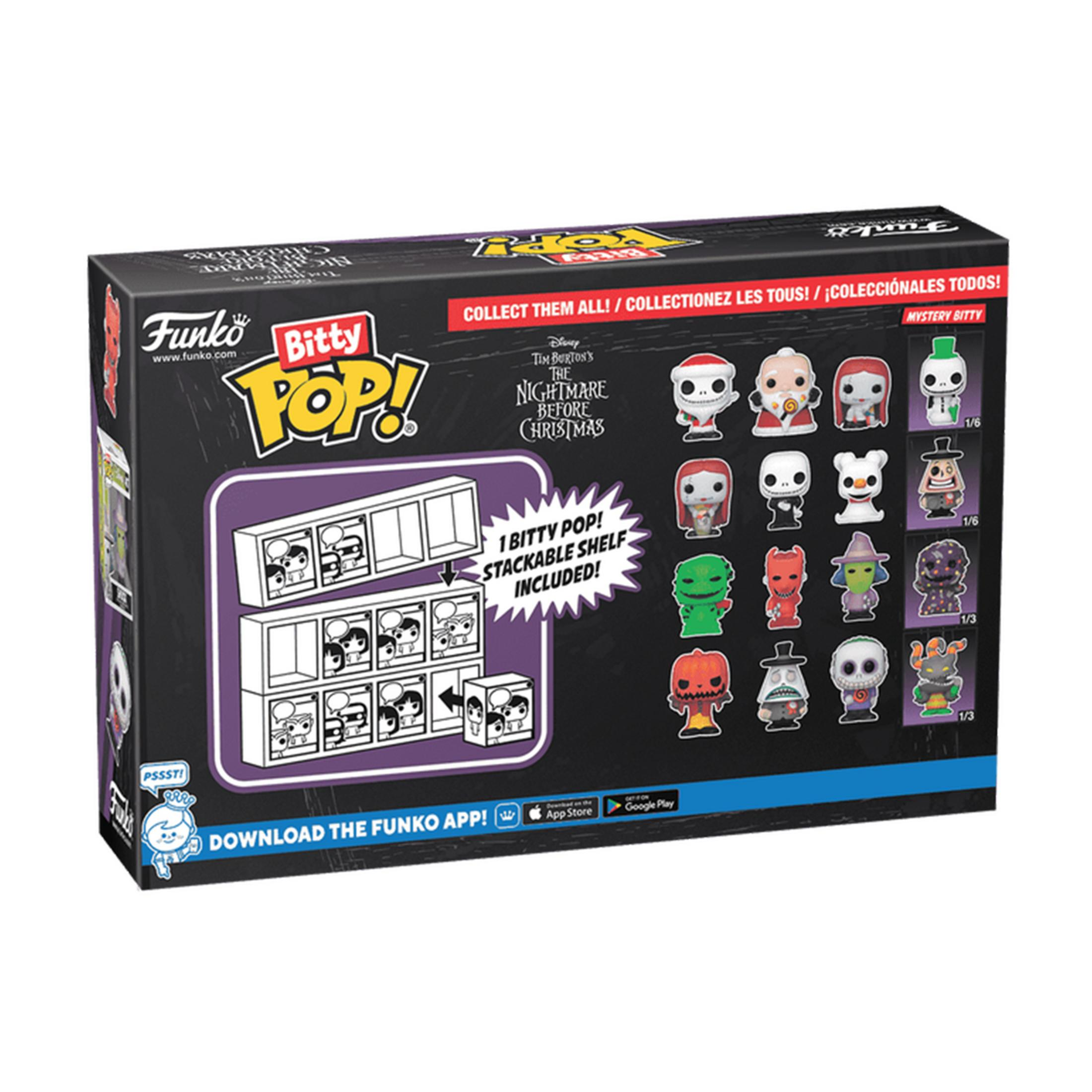 Box Funko Bitty Pop! con figure de "Nightmare Before Christmas" e scaffale.
