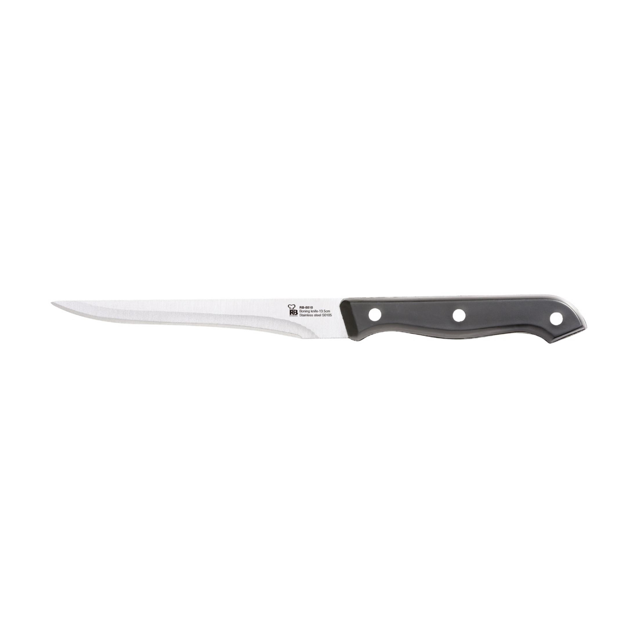 Un cuchillo de cocina afilado con mango negro sobre fondo blanco.