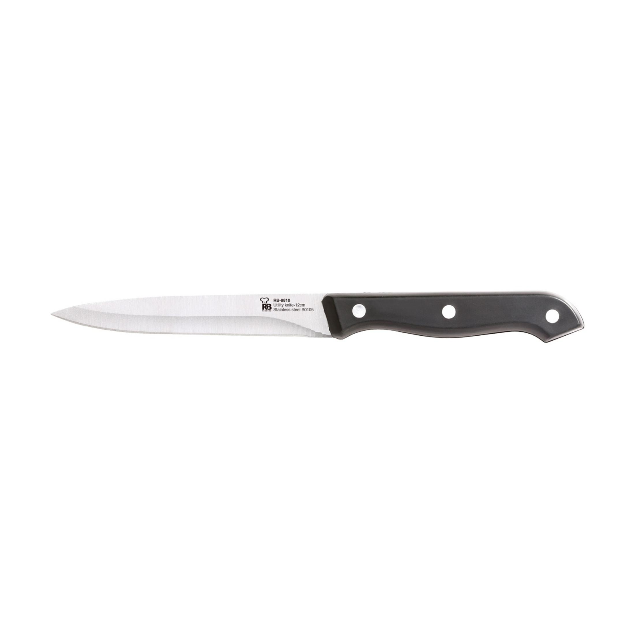 Un cuchillo utilitario negro con hoja y mango de acero inoxidable.