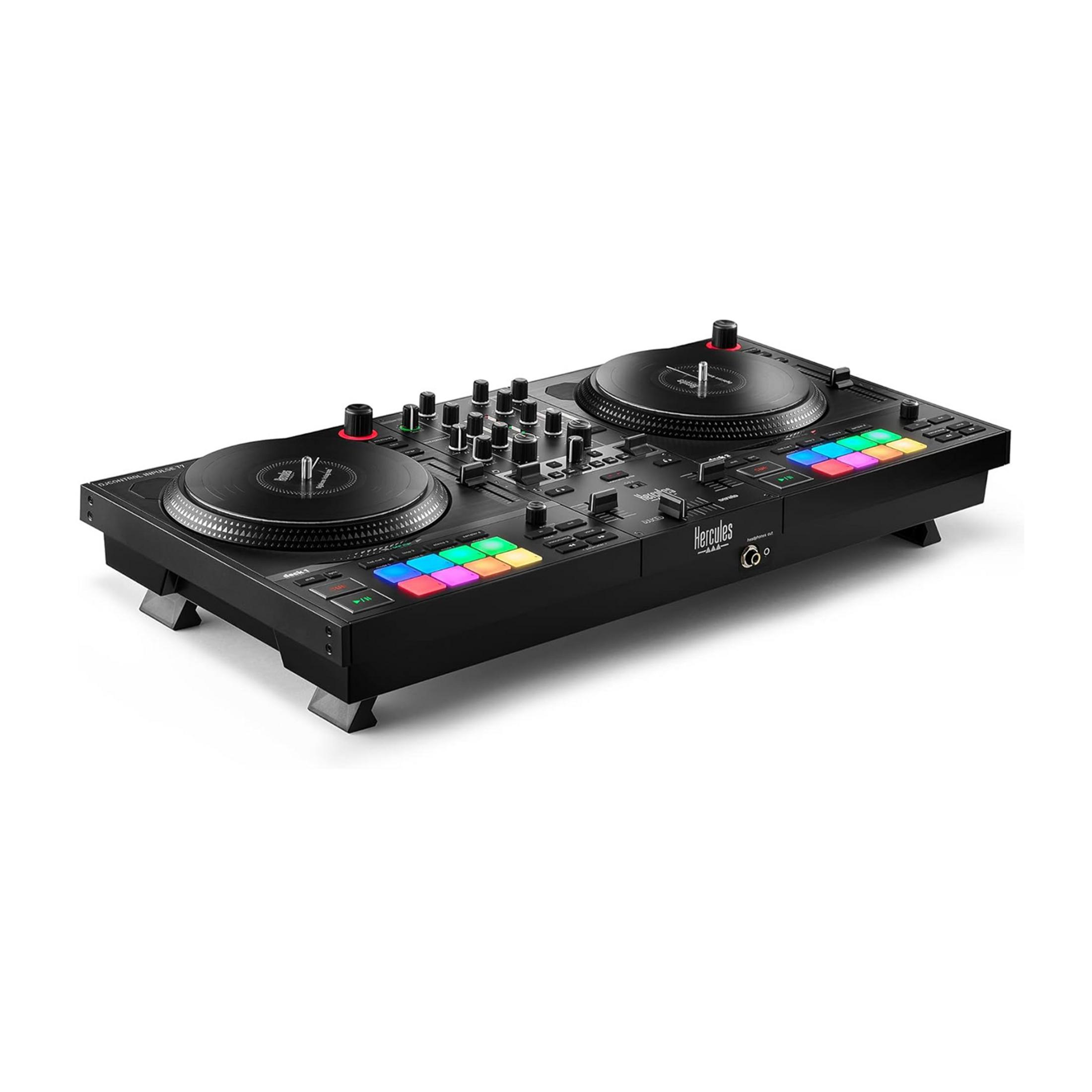 Schwarzer DJ-Controller mit zwei Plattentellern und bunten Pads.
