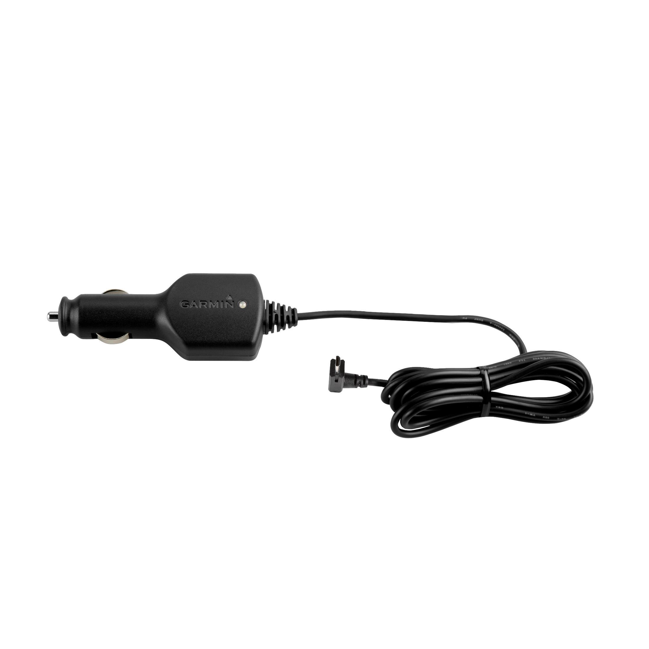 Schwarzes Garmin Autoladegerät mit gewickeltem Kabel und Winkelstecker.
